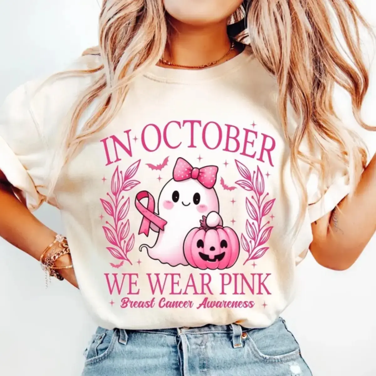 In October We Wear Pink T-Shirt, Retro Breast Cancer Awareness Halloween Ghost Graphic Tee - photo 3
