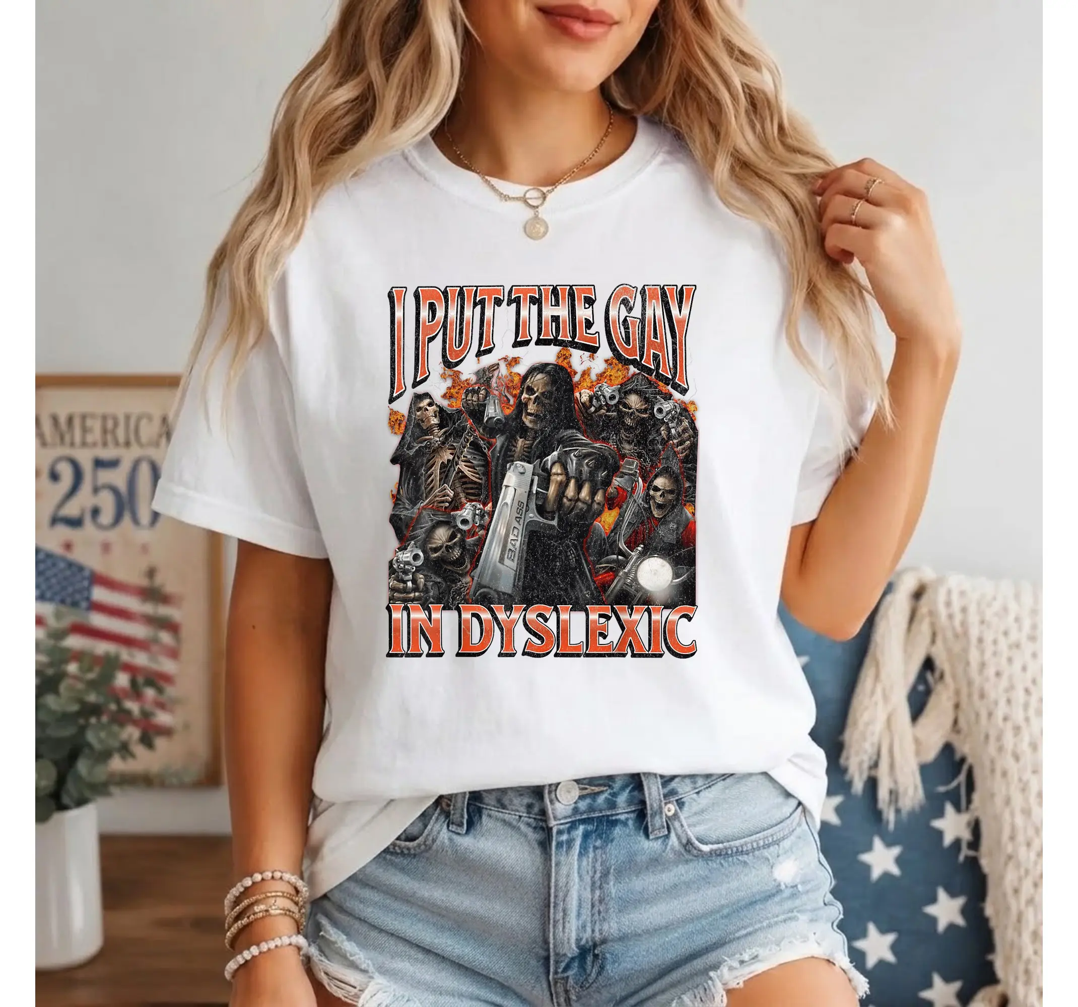 Ironic Skeleton Meme Shirt, Vintage Bootleg Funny LGBTQ Dyslexia Humor Y2K Graphic Tee - photo 3