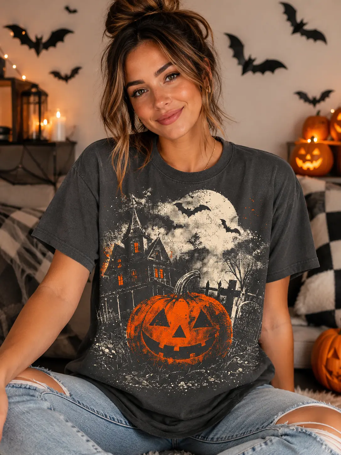 Jack O Lantern Halloween Shirt, Vintage Haunted House Pumpkin Graphic Tee, Spooky Moon Gothic Retro Fall Top
