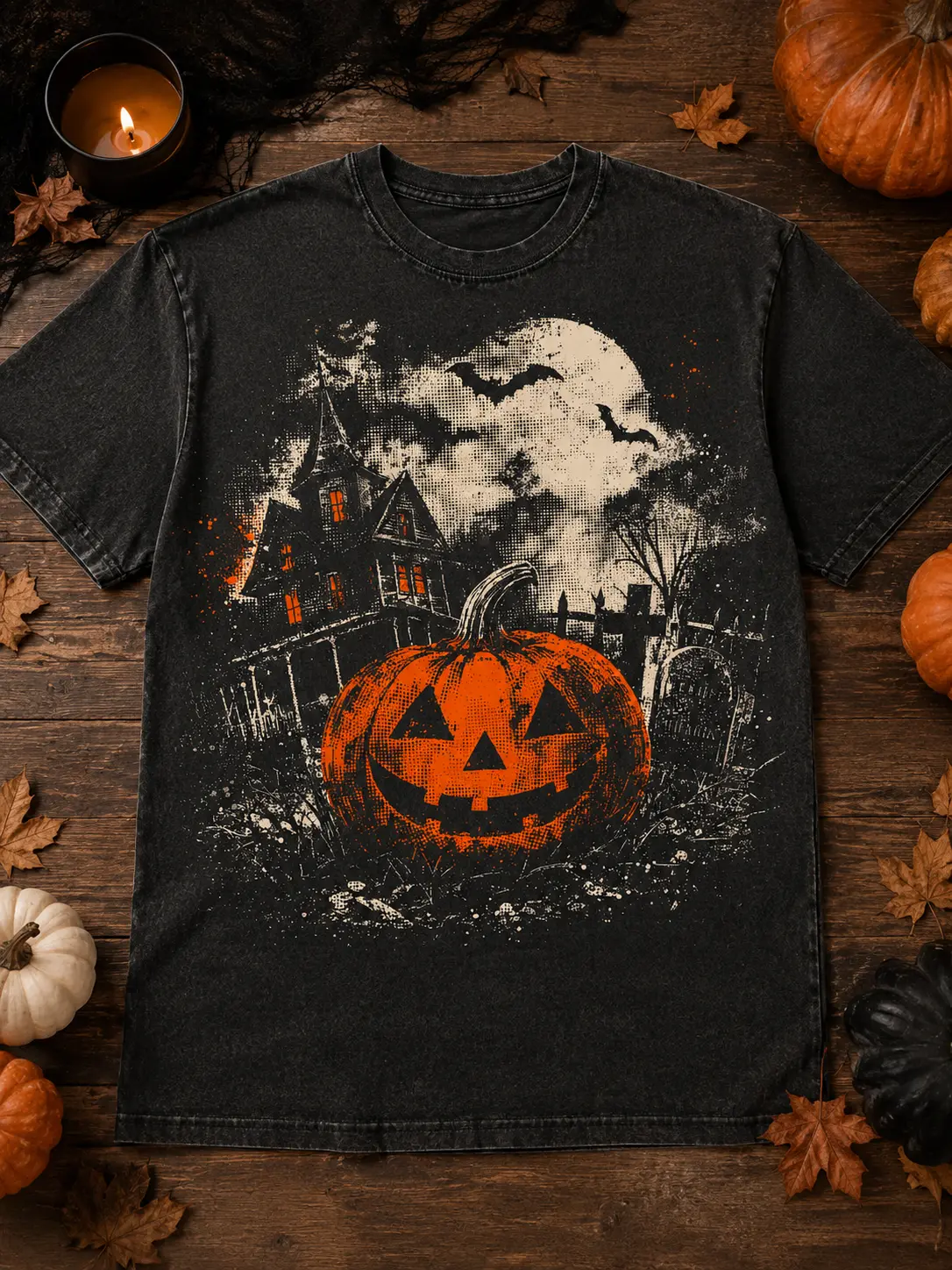Jack O Lantern Halloween Shirt, Vintage Haunted House Pumpkin Graphic Tee, Spooky Moon Gothic Retro Fall Top - photo 2