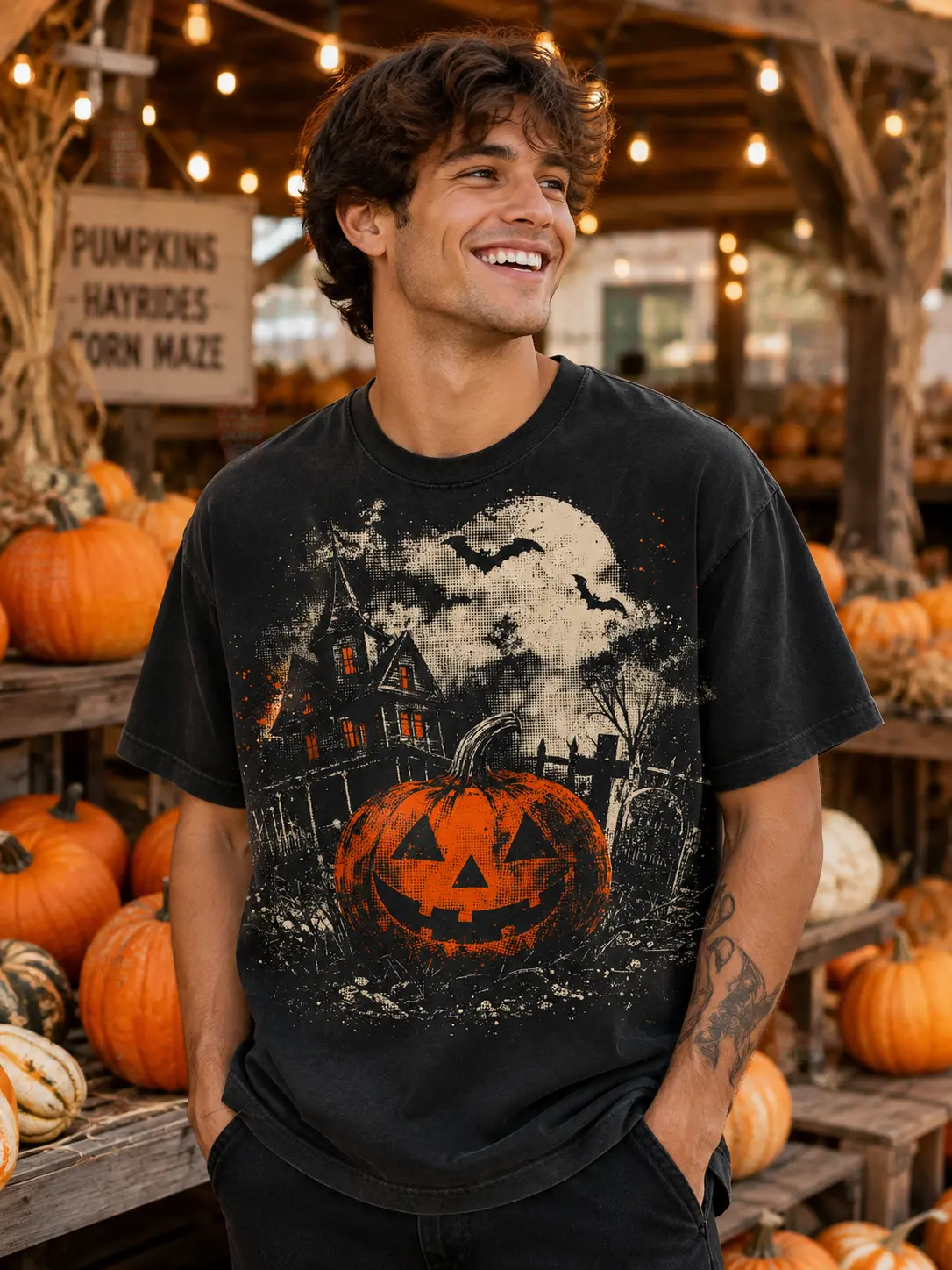 Jack O Lantern Halloween Shirt, Vintage Haunted House Pumpkin Graphic Tee, Spooky Moon Gothic Retro Fall Top - photo 4