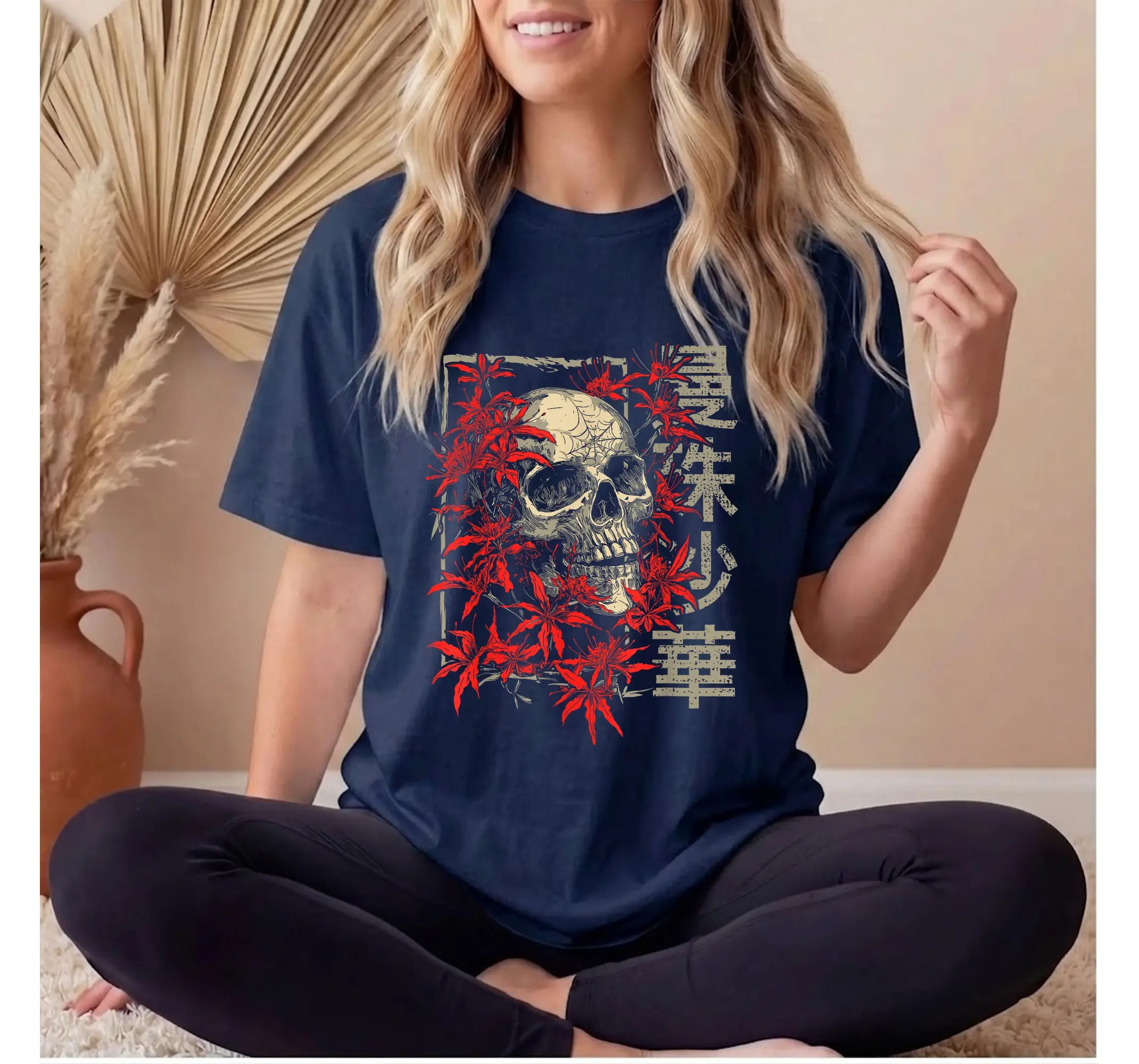 Japanese Anime Skull Graphic Tee, Red Spider Lily Skeleton Otaku Streetwear Shirt