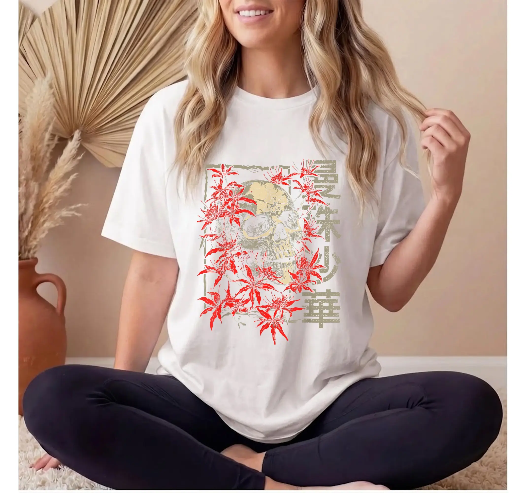 Japanese Anime Skull Graphic Tee, Red Spider Lily Skeleton Otaku Streetwear Shirt - photo 2