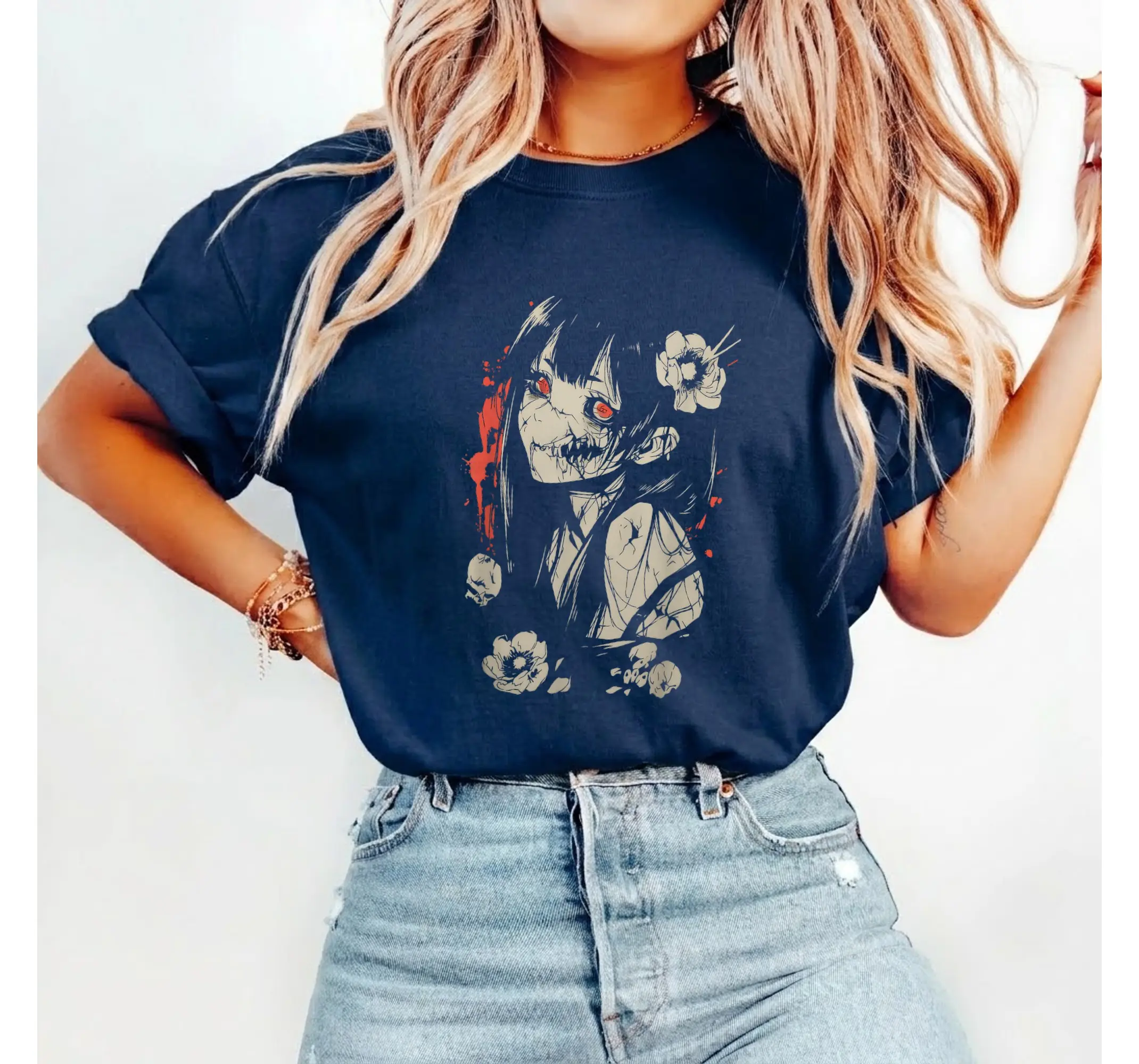 Japanese Horror Anime Tee, Pastel Goth Creepy Kawaii Manga Streetwear Graphic Shirt