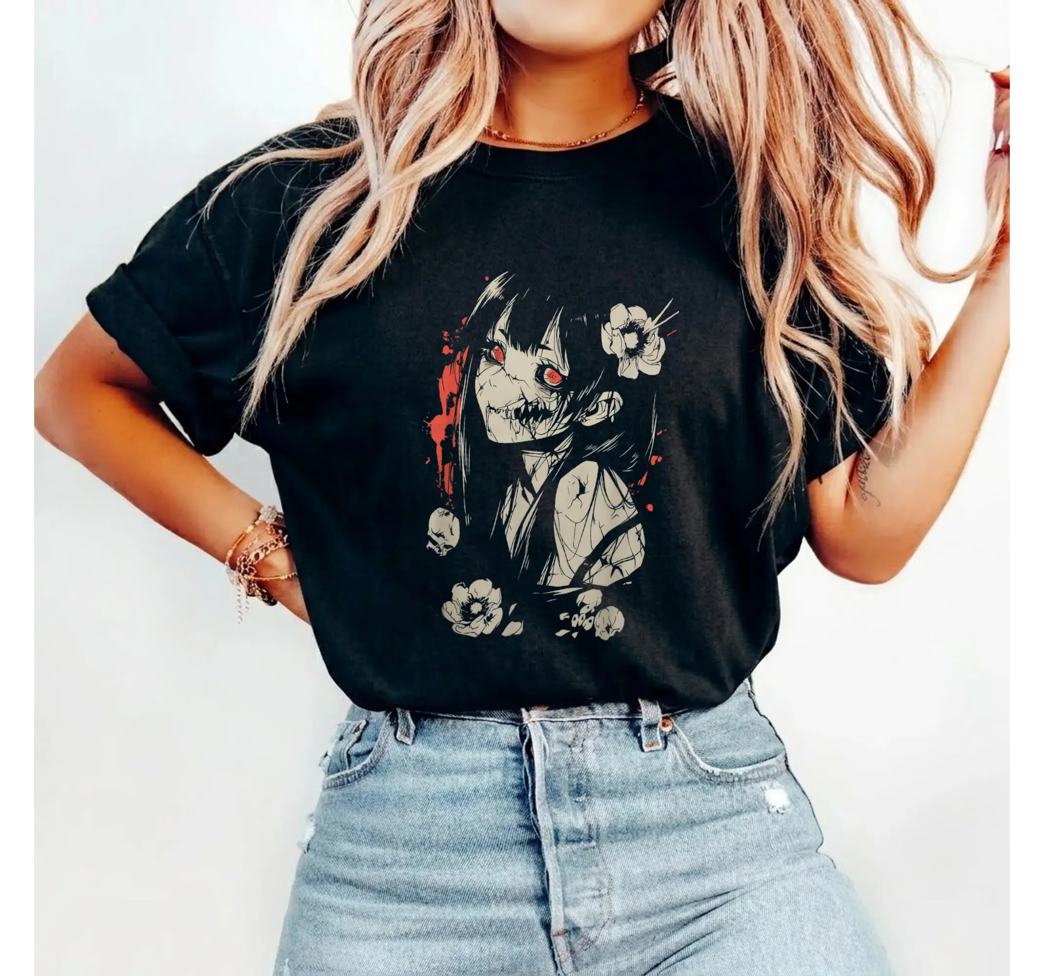 Japanese Horror Anime Tee, Pastel Goth Creepy Kawaii Manga Streetwear Graphic Shirt - photo 2