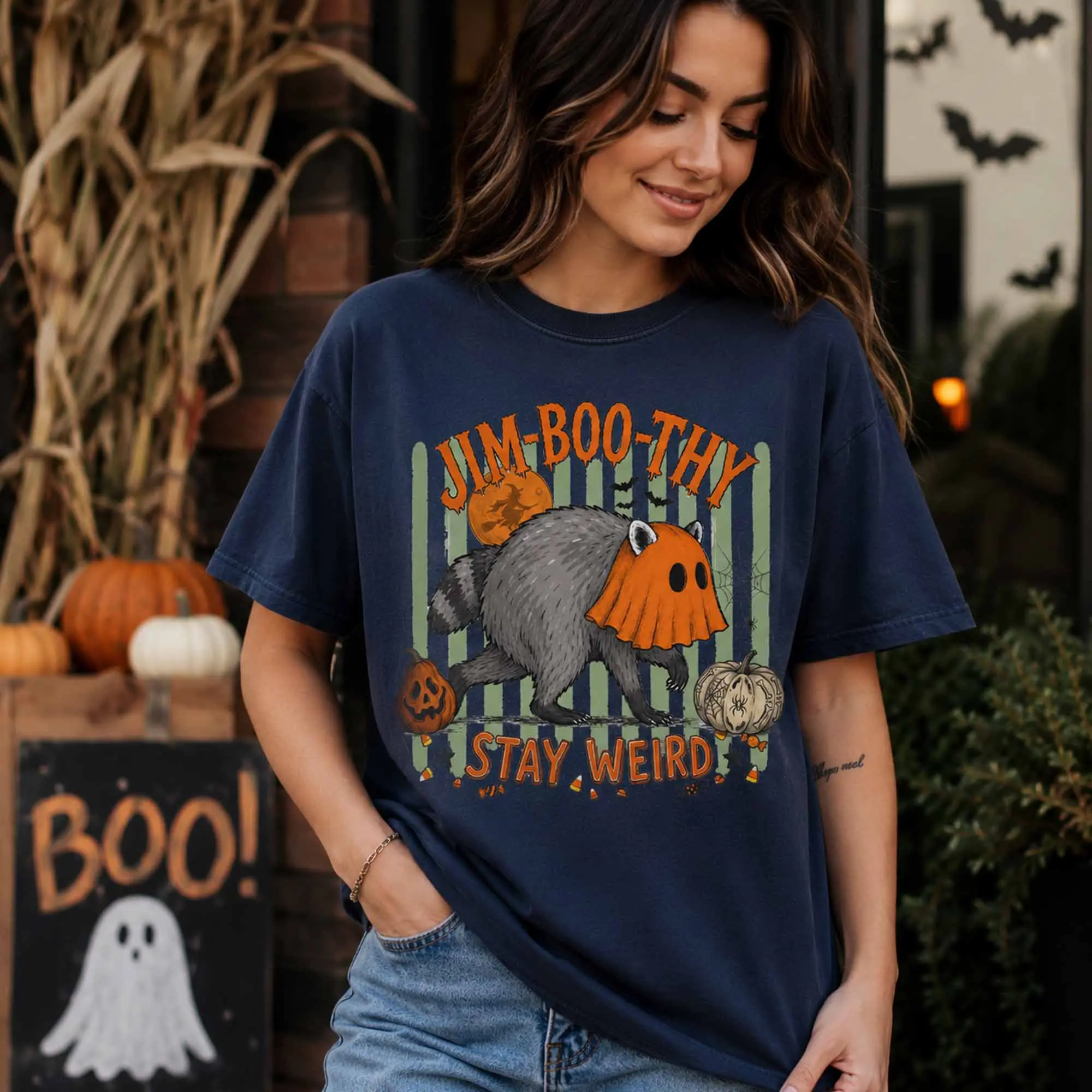 Jimothy Halloween Shirt, Jim-Boo-Thy Raccoon Trash Panda Ghost Meme Trendy Spooky Season Tshirt - photo 2