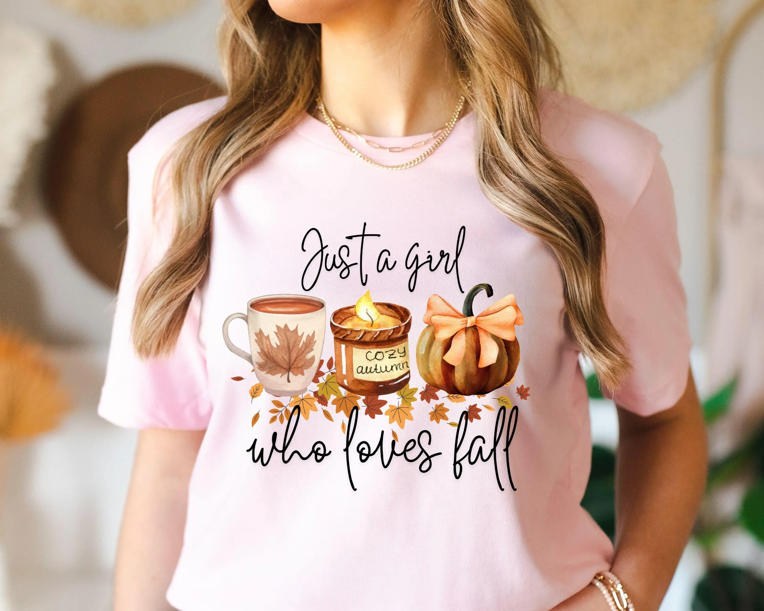 Just A Girl Who Loves Fall Shirt, Coquette Coffee Pumpkin Tee, Cozy Vibes Autumn Lover Halloween Gift Top