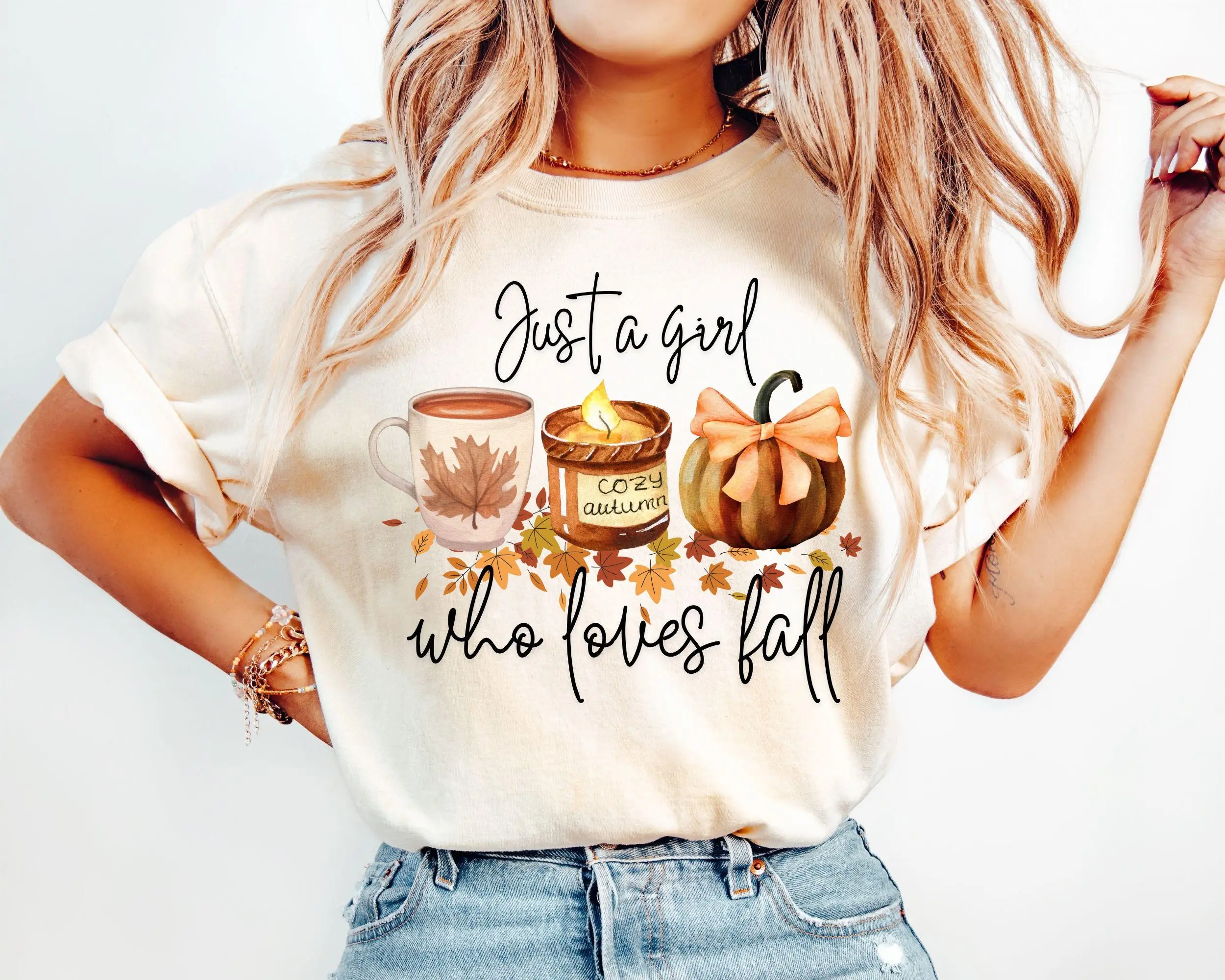 Just A Girl Who Loves Fall Shirt, Coquette Coffee Pumpkin Tee, Cozy Vibes Autumn Lover Halloween Gift Top - photo 2
