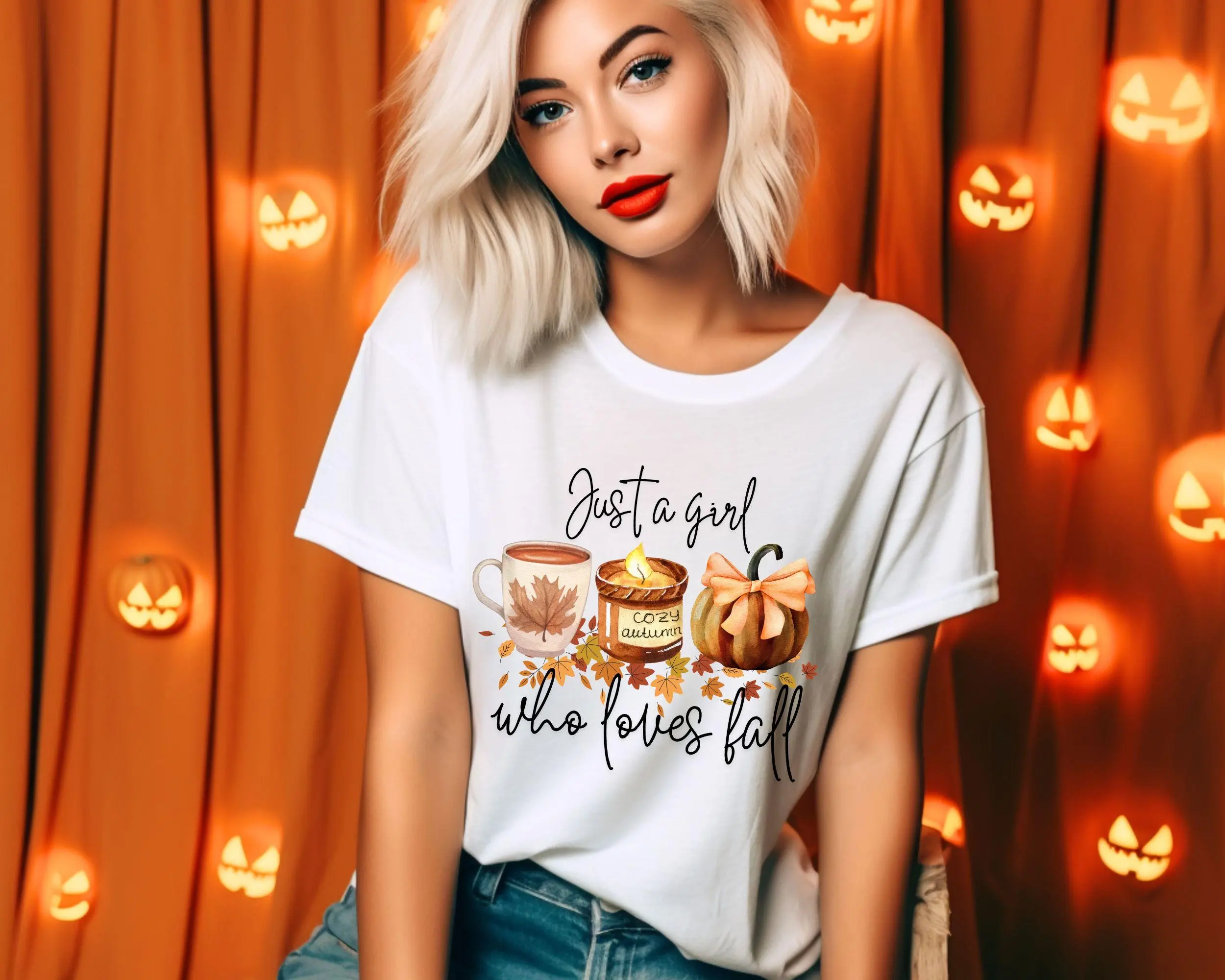Just A Girl Who Loves Fall Shirt, Coquette Coffee Pumpkin Tee, Cozy Vibes Autumn Lover Halloween Gift Top - photo 3