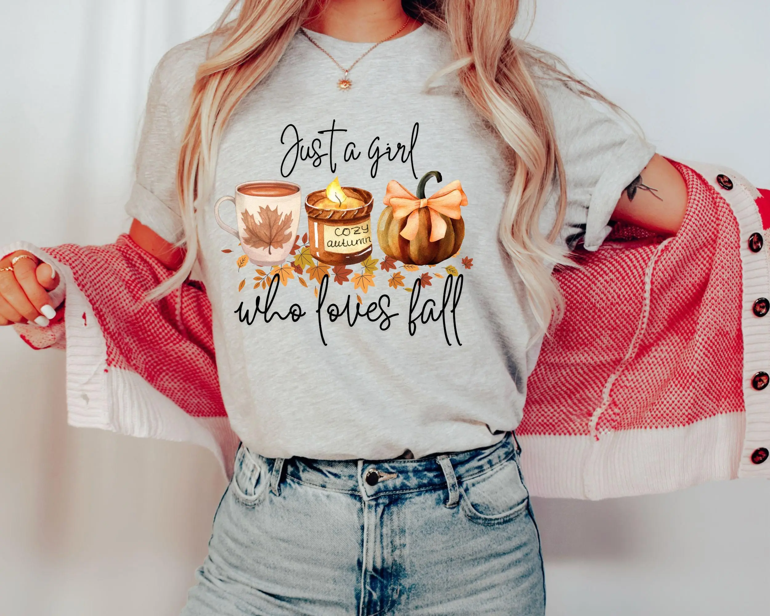 Just A Girl Who Loves Fall Shirt, Coquette Coffee Pumpkin Tee, Cozy Vibes Autumn Lover Halloween Gift Top - photo 4