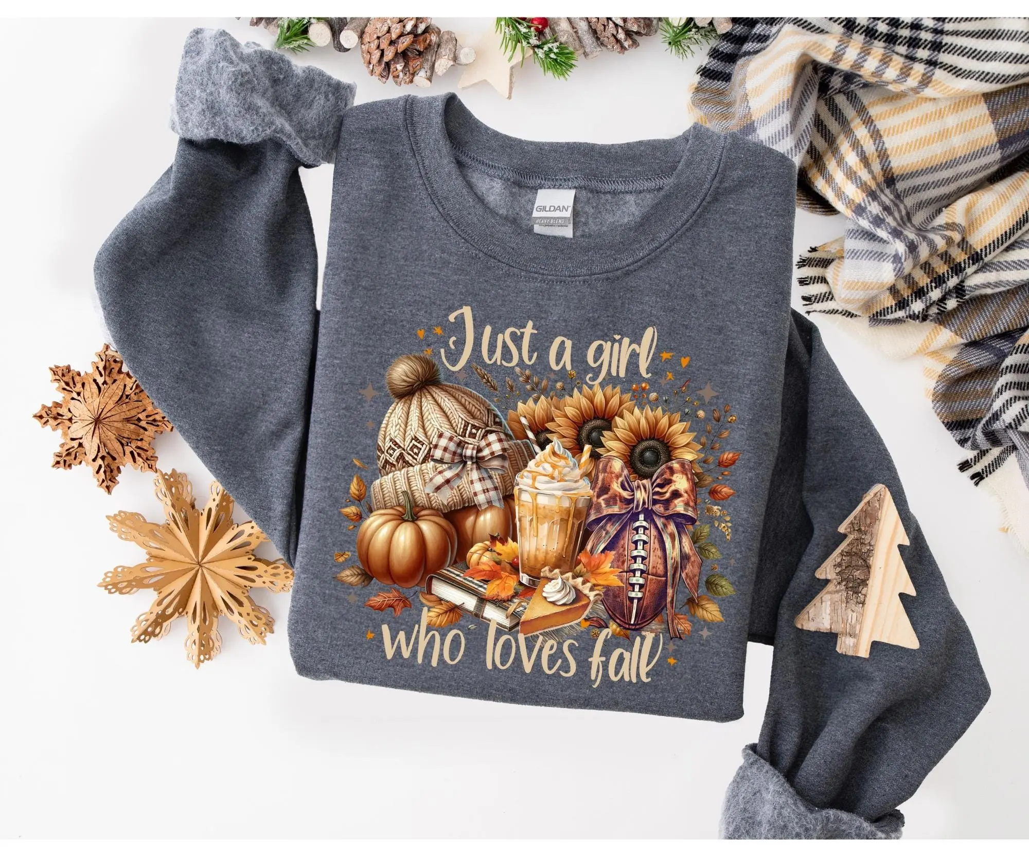 Just a Girl Who Loves Fall Sweatshirt, Cozy Autumn Season Graphic Tee, Cute Thanksgiving Sweater Gift - photo 3