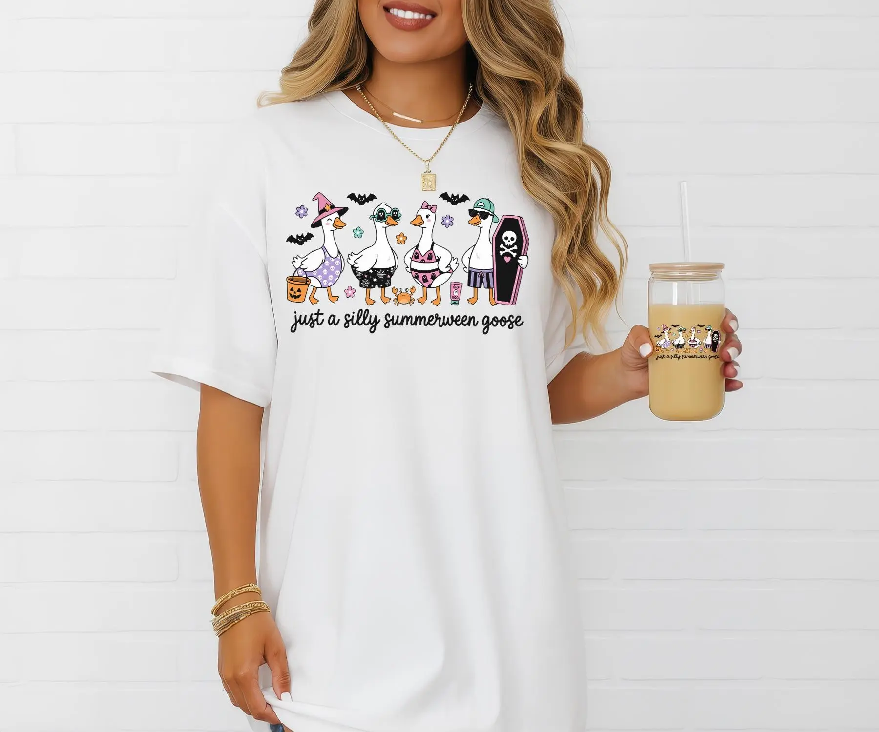 Just A Silly Goose Summerween T-Shirt for Women, Cute Funny Halloween Graphic Tee, Bird Lover Gift
