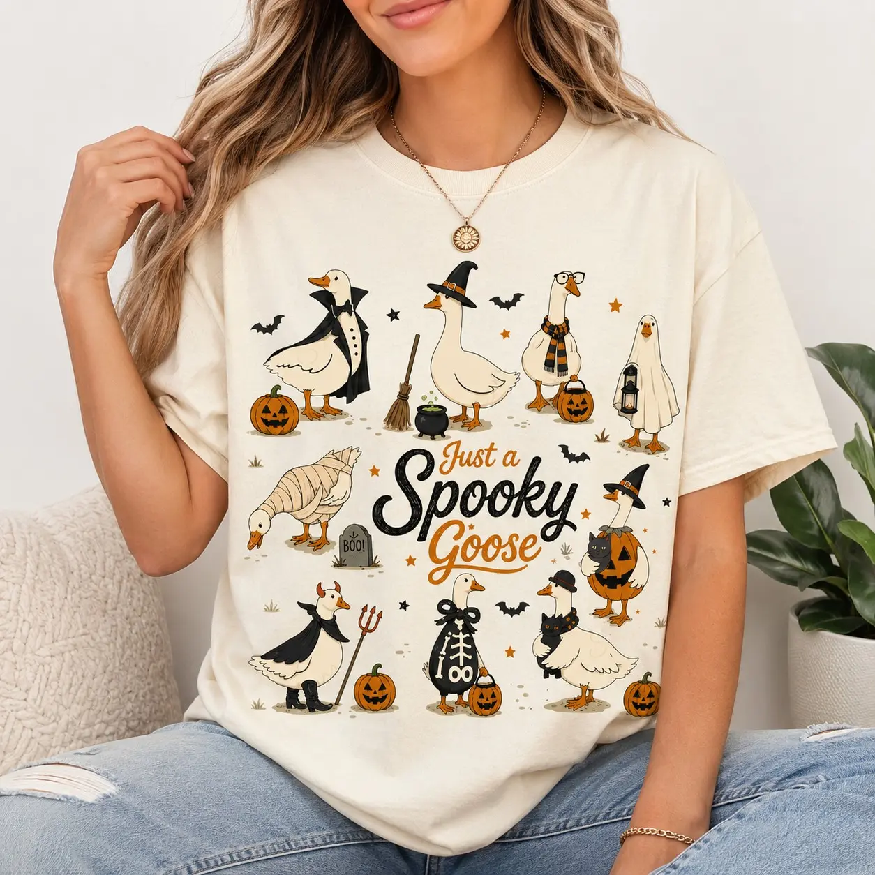 Just a Spooky Goose Comfort Colors T-Shirt, Funny Cute Preppy Ghost Tee, Vintage Halloween Season Top