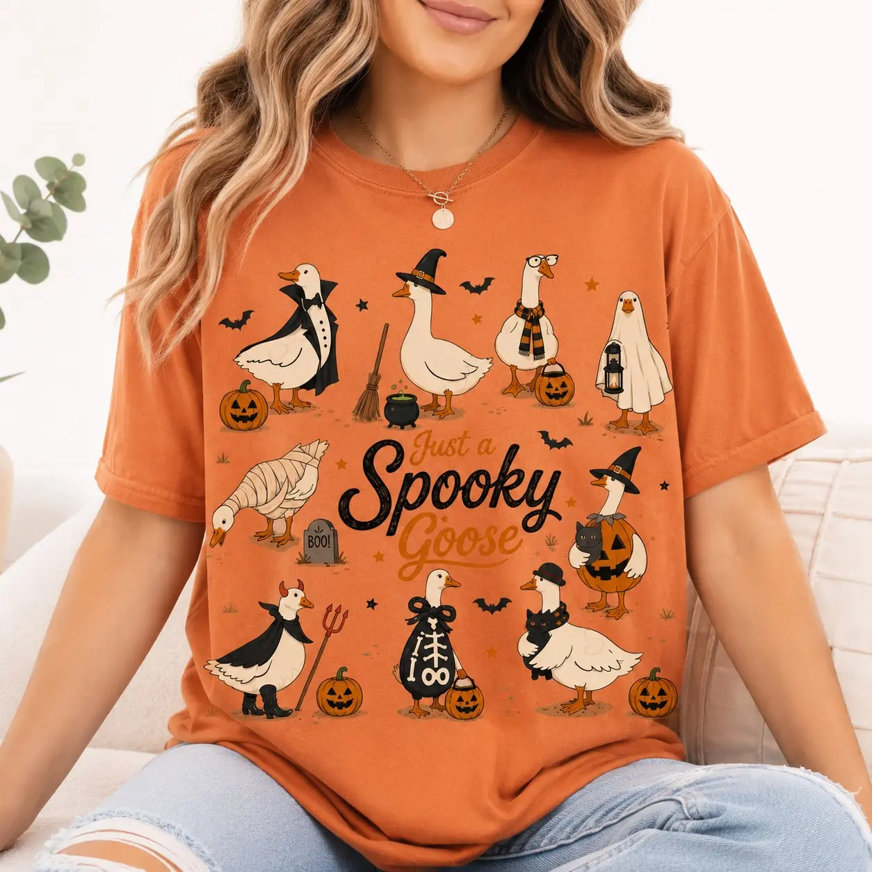 Just a Spooky Goose Comfort Colors T-Shirt, Funny Cute Preppy Ghost Tee, Vintage Halloween Season Top - photo 3