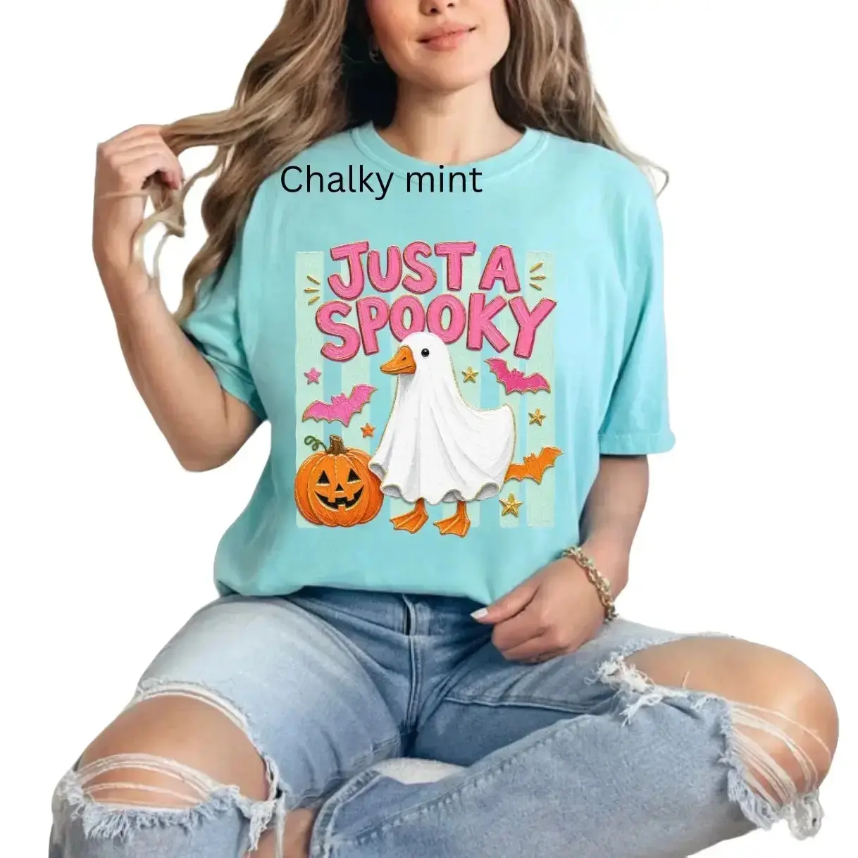 Just a Spooky Goose Halloween T-Shirt for Women, Cute Funny Duck Ghost Pumpkin Bat Fall Graphic Tee