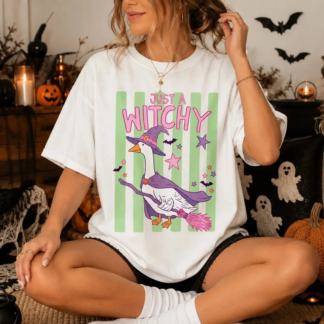 Comfort Colors Just a Witchy Goose T-Shirt, Cute Preppy Stripes Spooky Season Halloween Fall Tee for Women