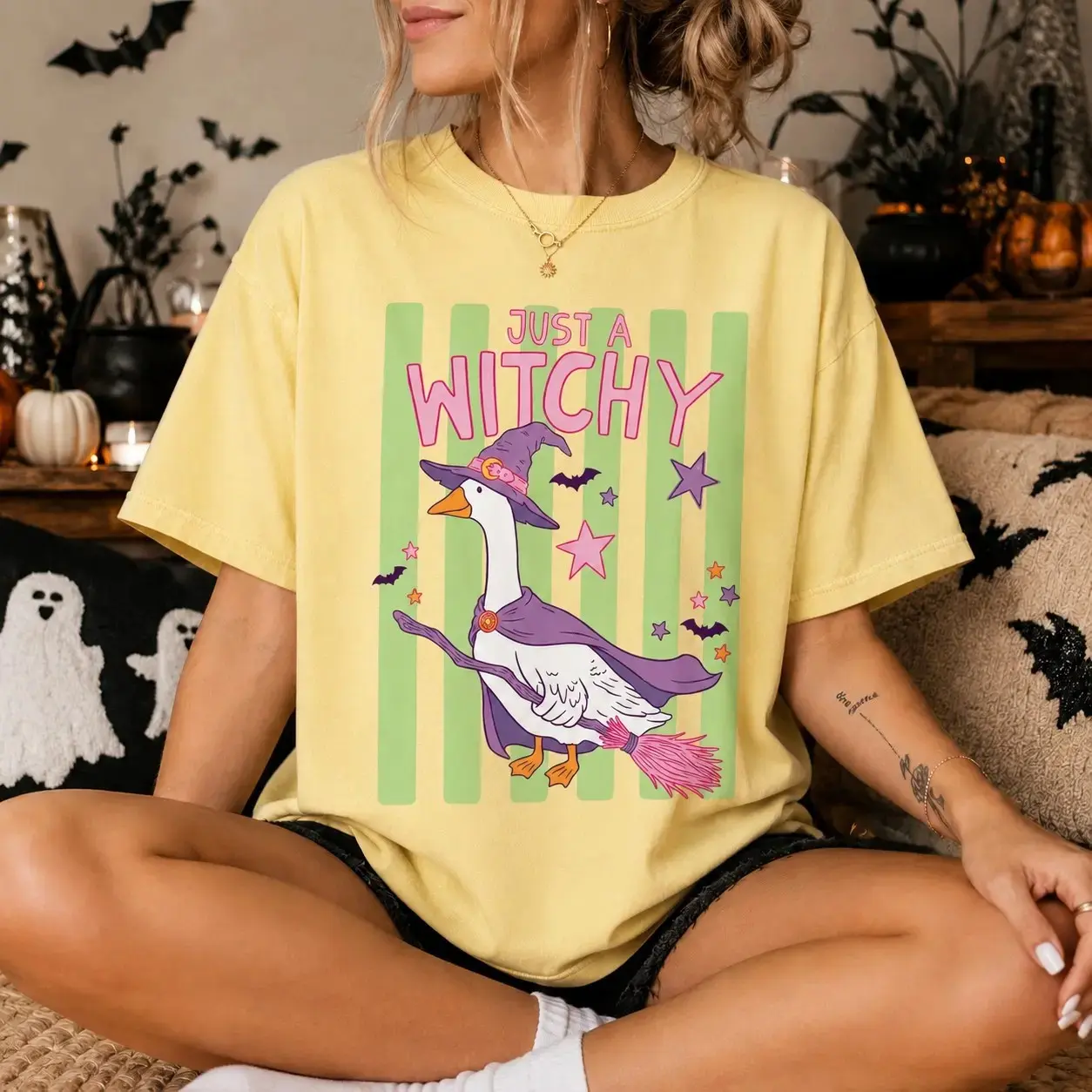 Comfort Colors Just a Witchy Goose T-Shirt, Cute Preppy Stripes Spooky Season Halloween Fall Tee for Women - photo 2