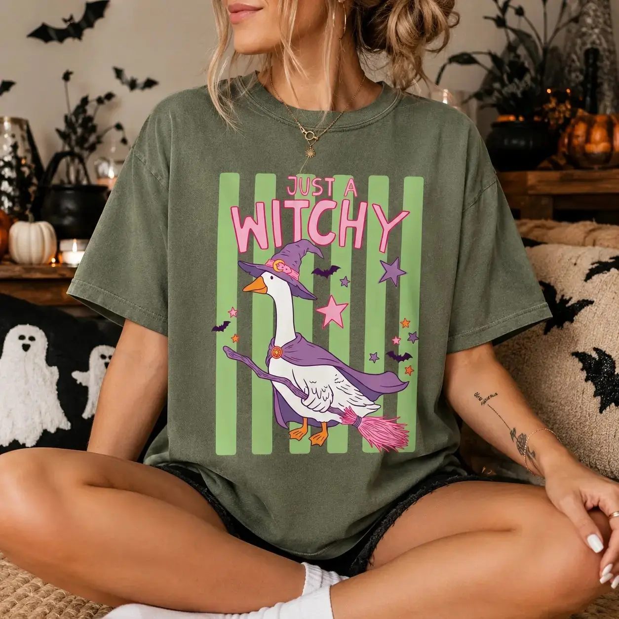 Comfort Colors Just a Witchy Goose T-Shirt, Cute Preppy Stripes Spooky Season Halloween Fall Tee for Women - photo 3