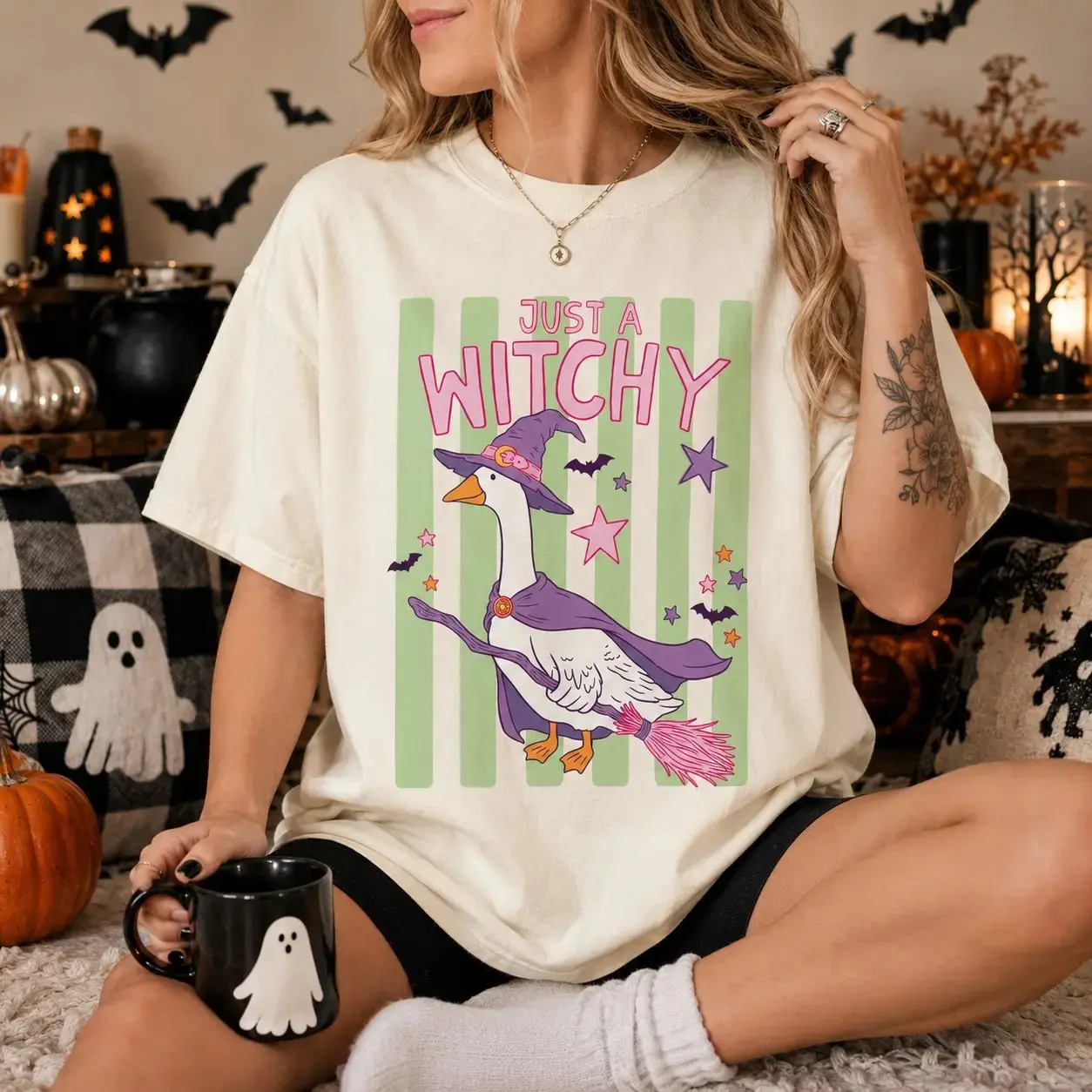 Comfort Colors Just a Witchy Goose T-Shirt, Cute Preppy Stripes Spooky Season Halloween Fall Tee for Women - photo 4