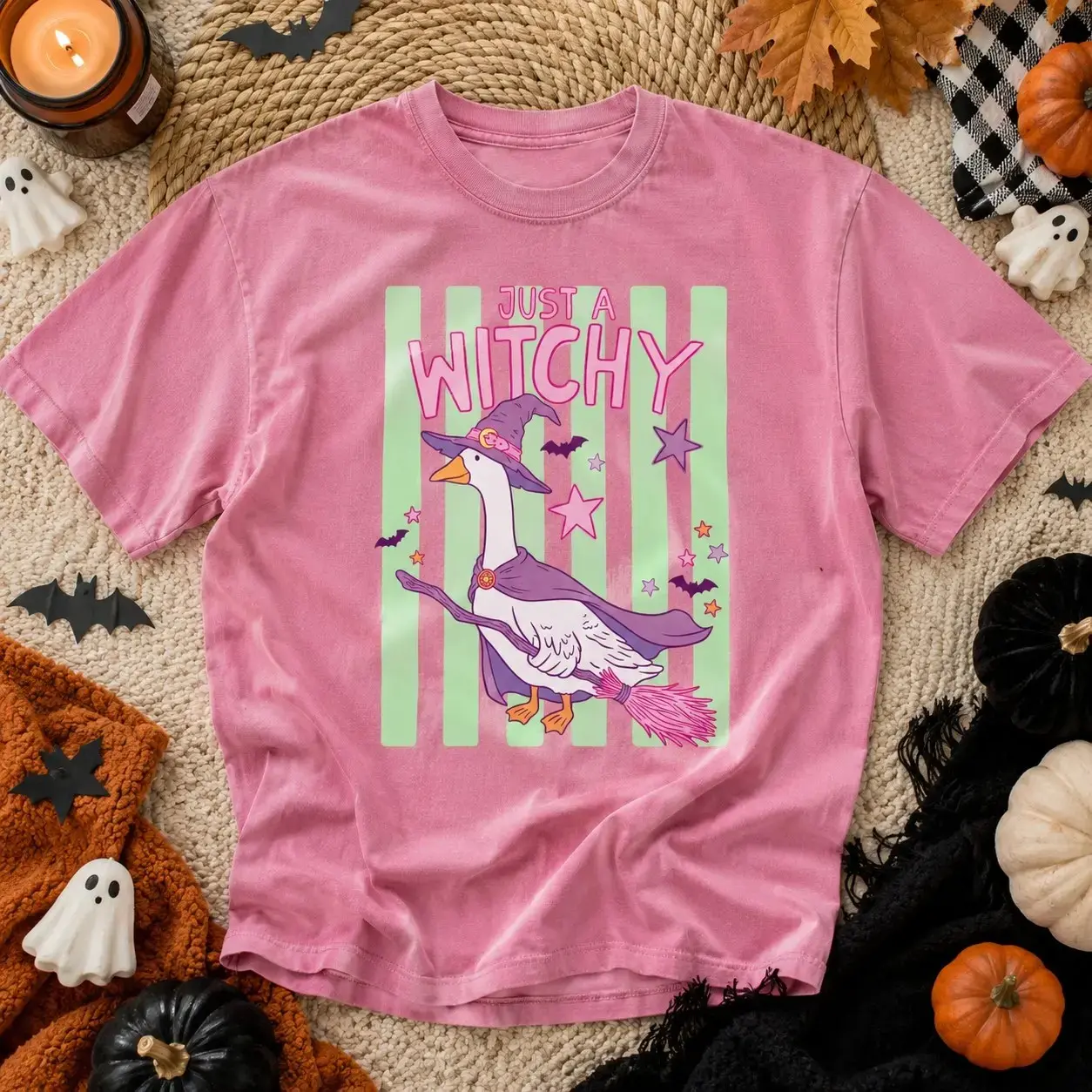 Comfort Colors Just a Witchy Goose T-Shirt, Cute Preppy Stripes Spooky Season Halloween Fall Tee for Women - photo 5