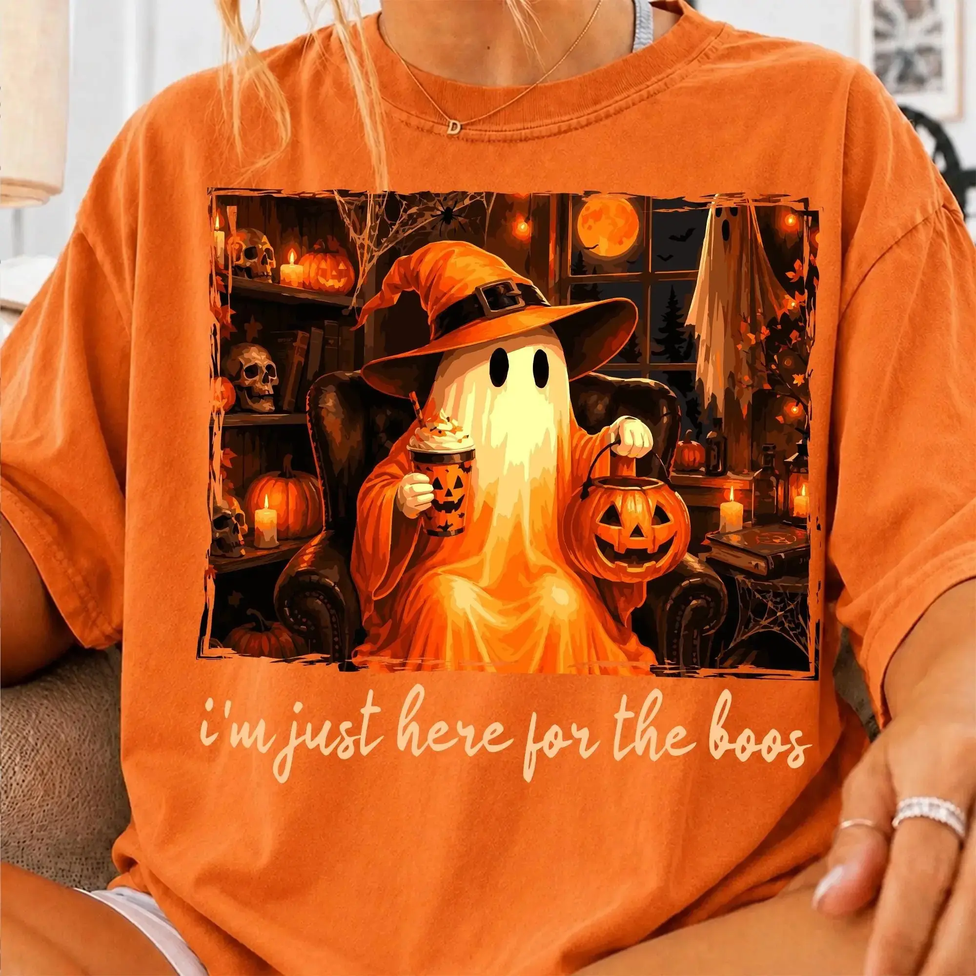 Just Here For the Boos Comfort Colors Funny Halloween T-Shirt for Women, Spooky Cute Ghost Graphic Tee, Fall Party Top