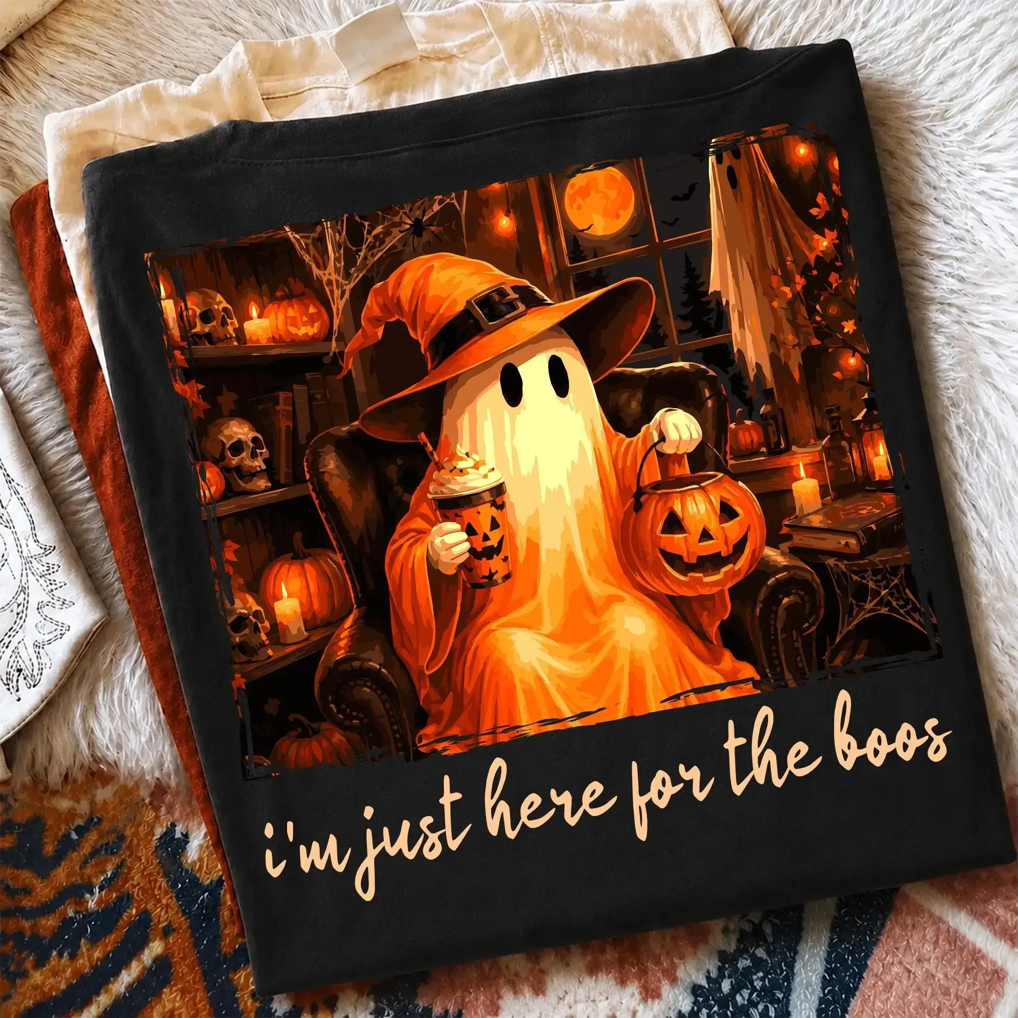 Just Here For the Boos Comfort Colors Funny Halloween T-Shirt for Women, Spooky Cute Ghost Graphic Tee, Fall Party Top - photo 3