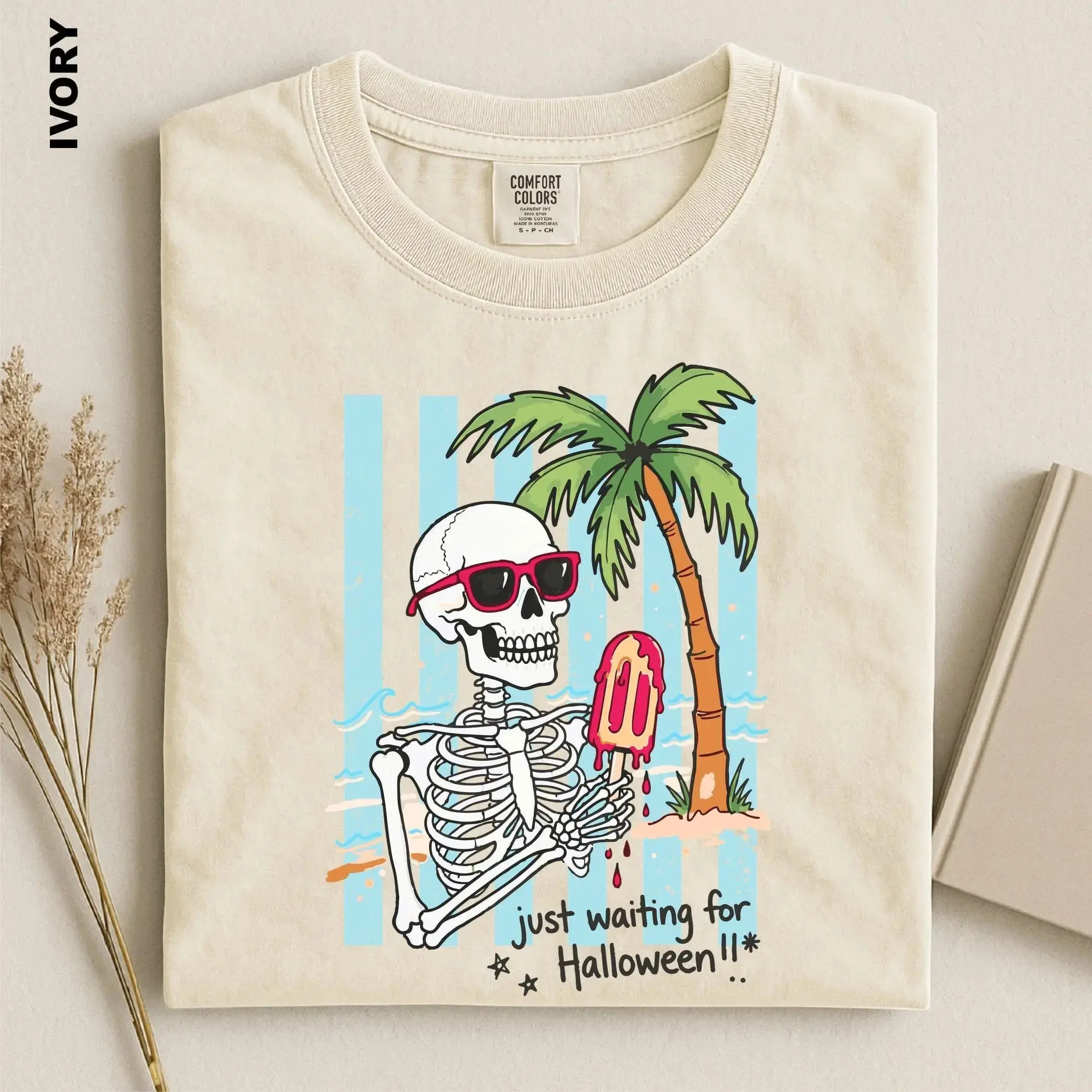 Just Waiting for Halloween Shirt, Funny Skeleton Graphic Spooky Season Tee for Women