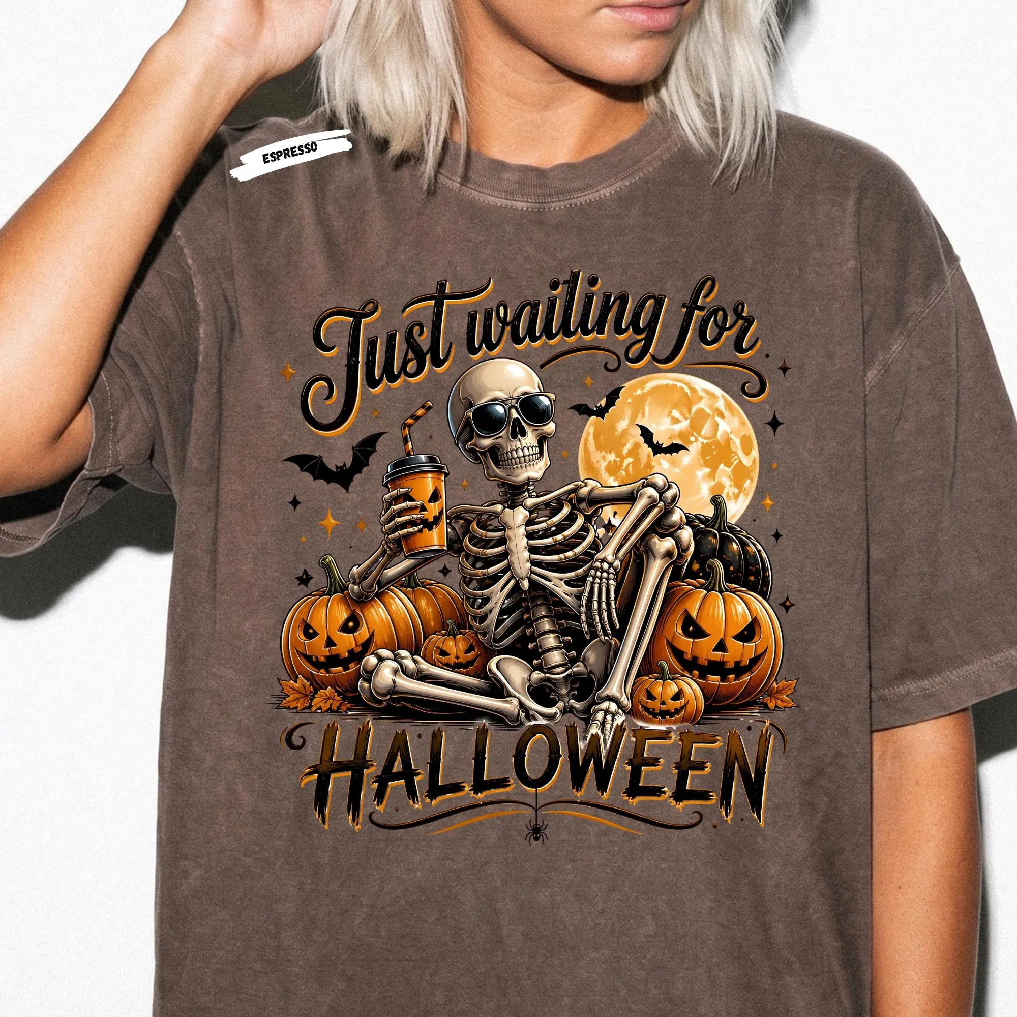 Just Waiting for Halloween Shirt, Skeleton Pumpkin Spooky Season Tee for Coffee Lovers