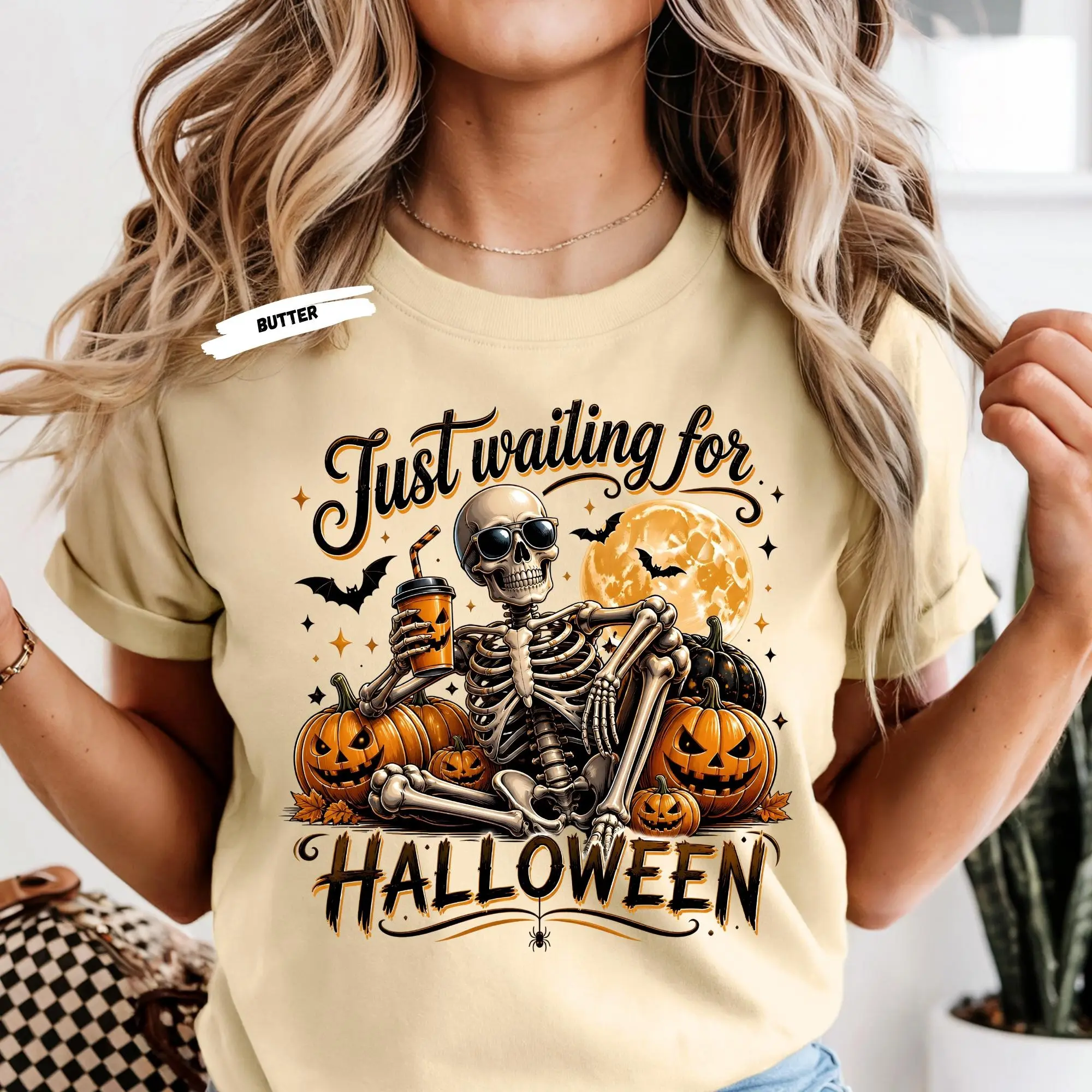 Just Waiting for Halloween Shirt, Skeleton Pumpkin Spooky Season Tee for Coffee Lovers - photo 2