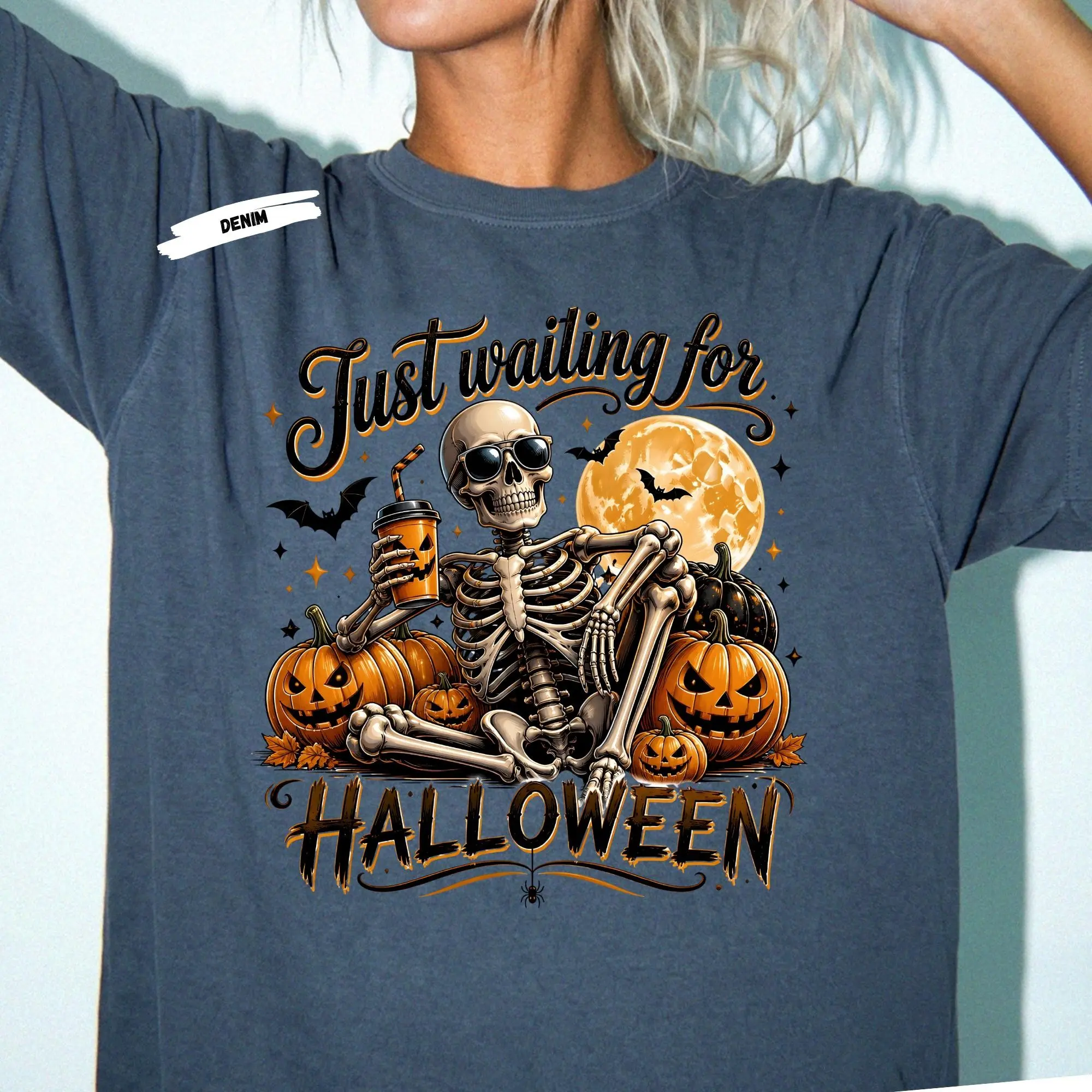 Just Waiting for Halloween Shirt, Skeleton Pumpkin Spooky Season Tee for Coffee Lovers - photo 3