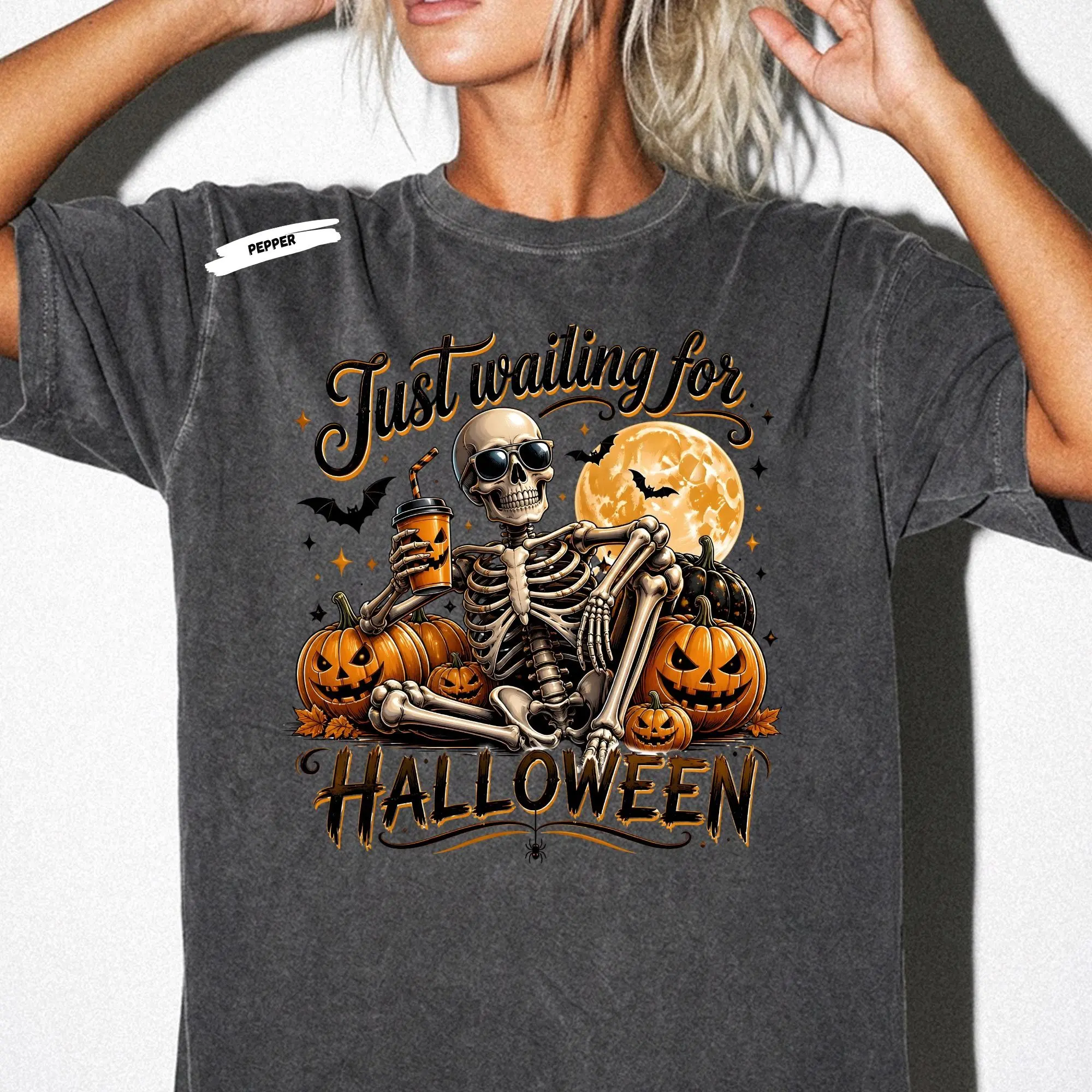 Just Waiting for Halloween Shirt, Skeleton Pumpkin Spooky Season Tee for Coffee Lovers - photo 4