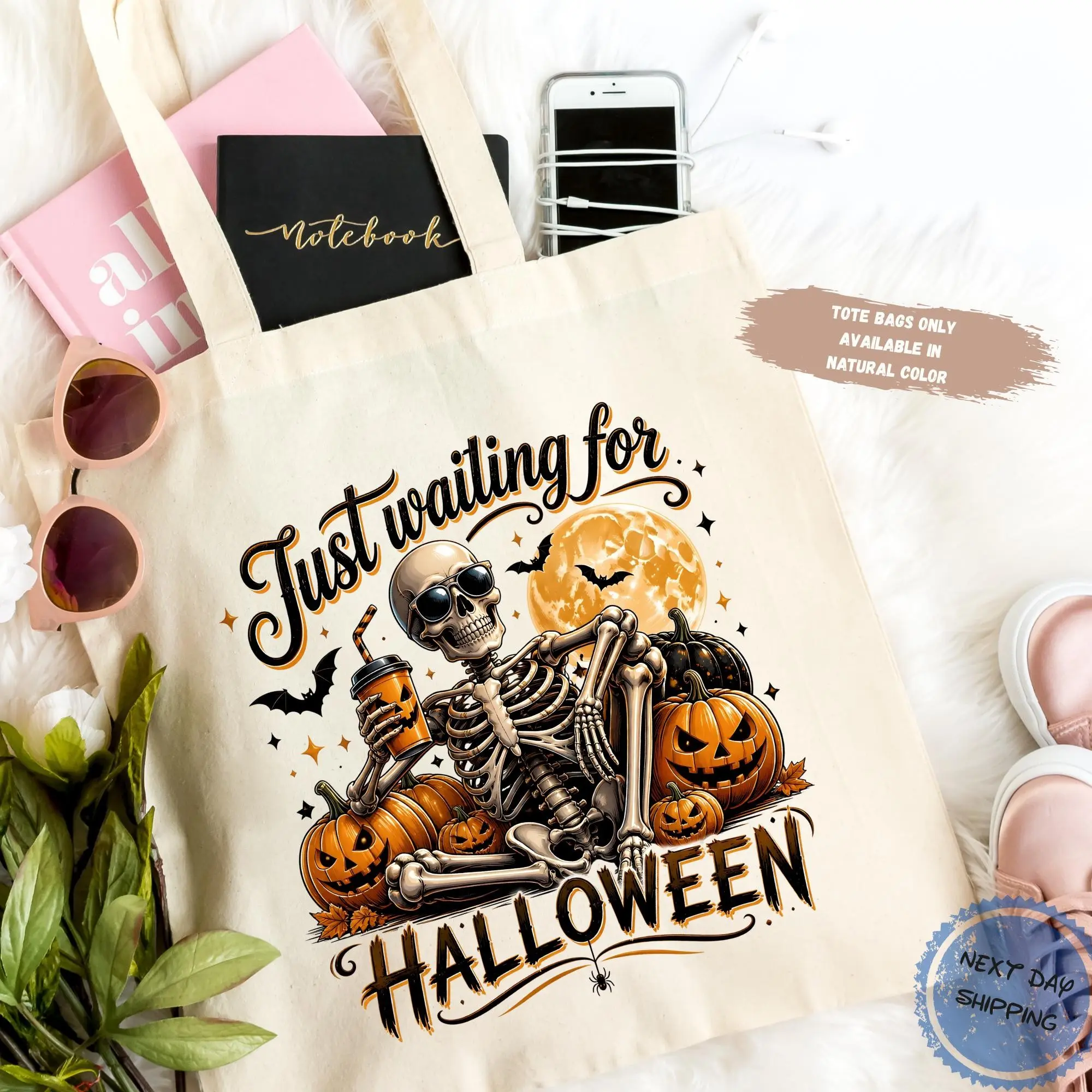 Just Waiting for Halloween Shirt, Skeleton Pumpkin Spooky Season Tee for Coffee Lovers - photo 5
