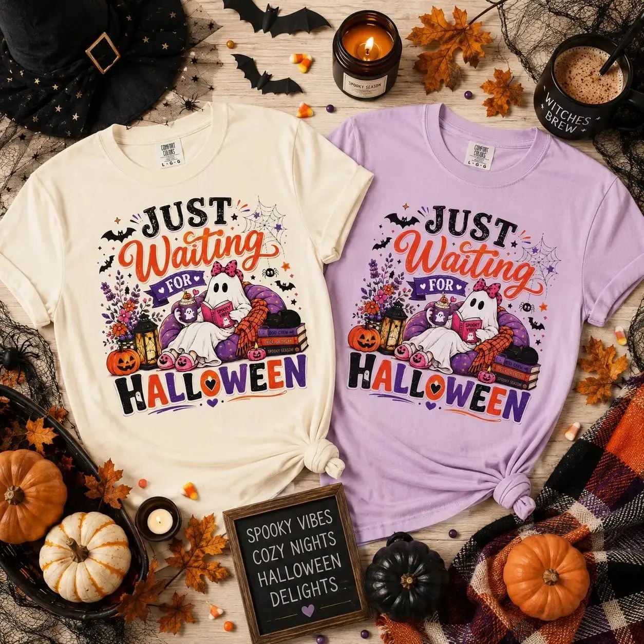 Just Waiting for Halloween Shirt, Women's Cute Cozy Ghost Fall Spooky Season Aesthetic Graphic Tee - photo 2