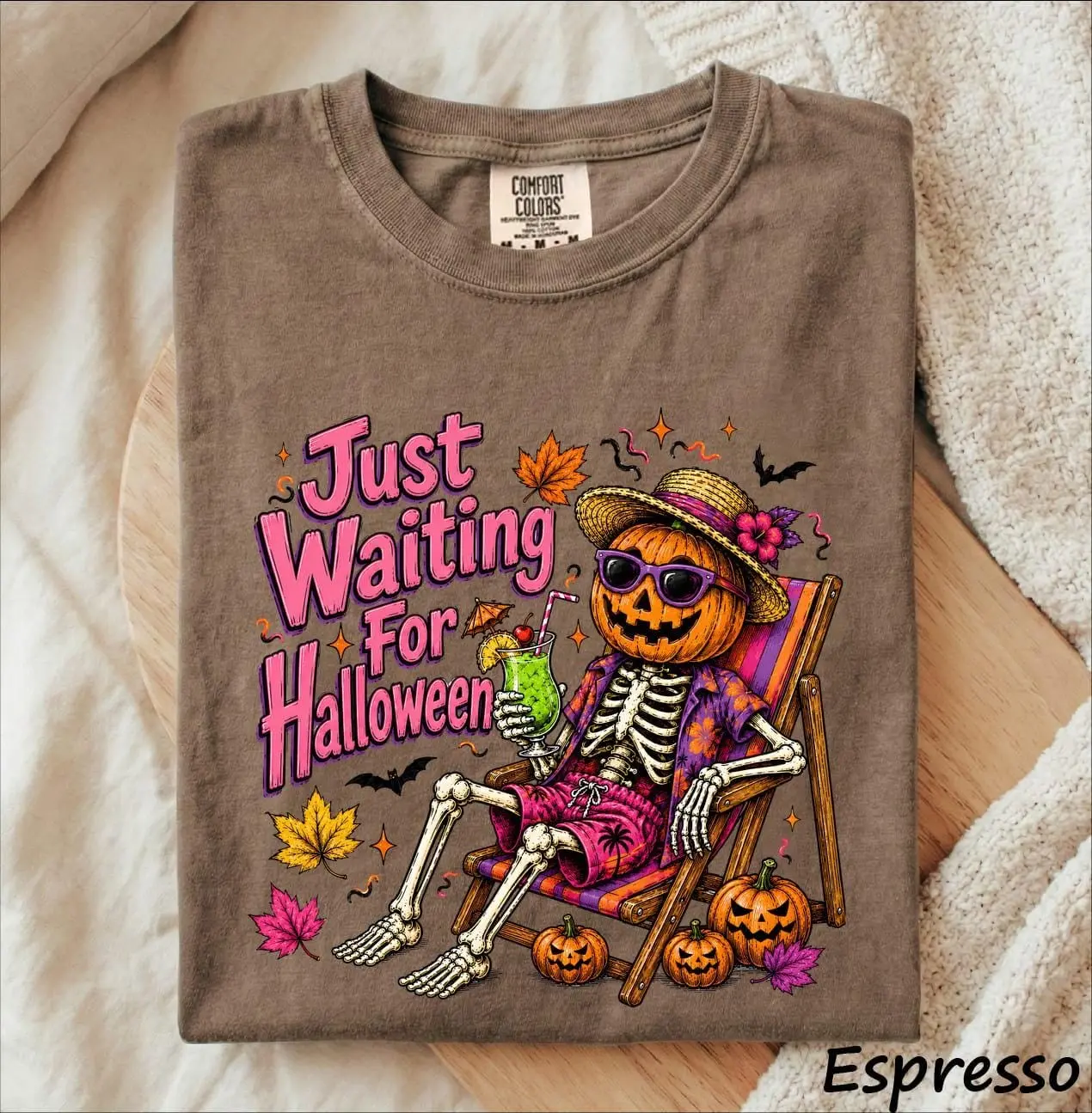 Just Waiting for Halloween Skeleton T-Shirt, Pool Float Pumpkin Spooky Summer Beach Tee