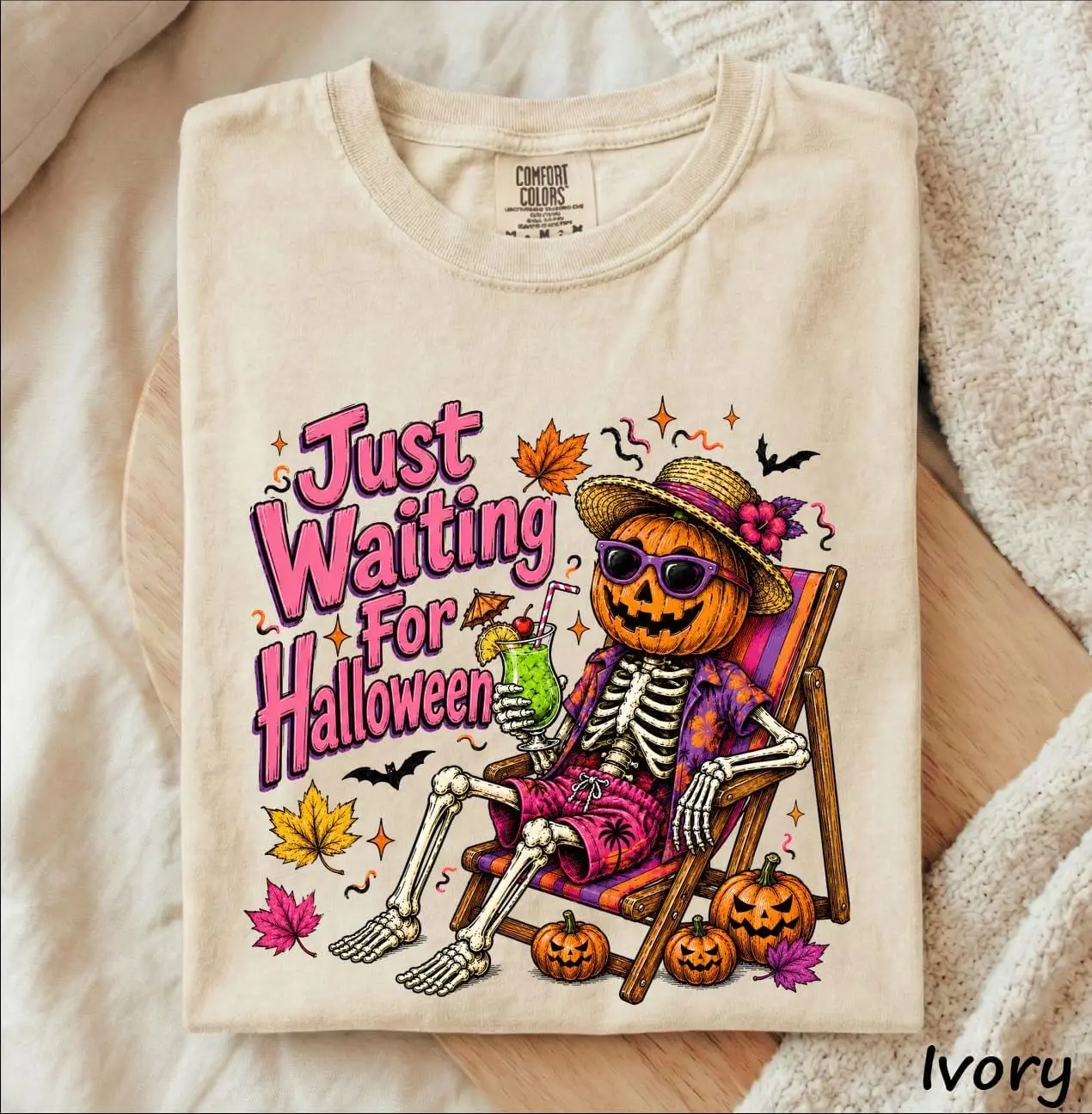 Just Waiting for Halloween Skeleton T-Shirt, Pool Float Pumpkin Spooky Summer Beach Tee - photo 2