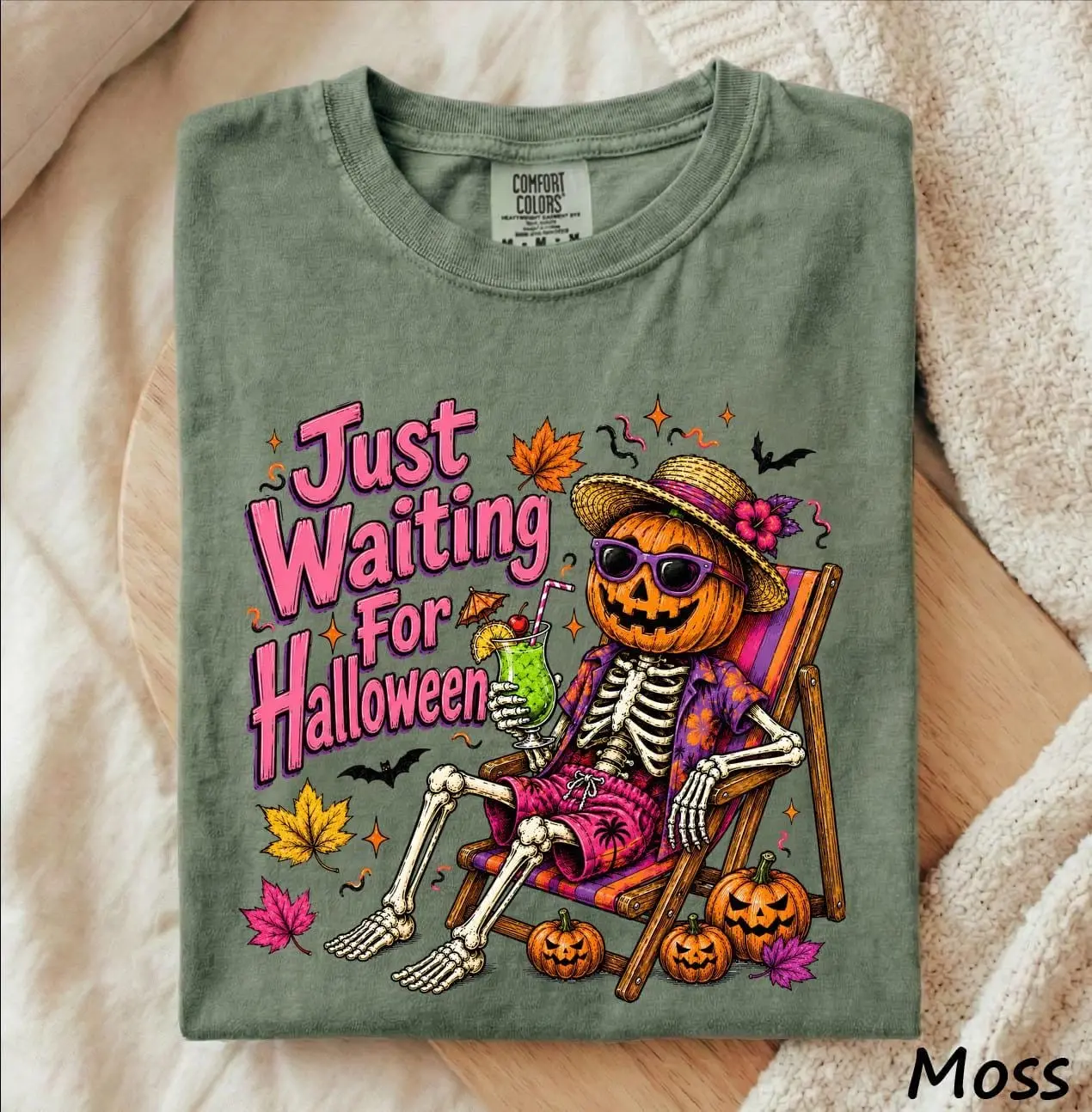 Just Waiting for Halloween Skeleton T-Shirt, Pool Float Pumpkin Spooky Summer Beach Tee - photo 3