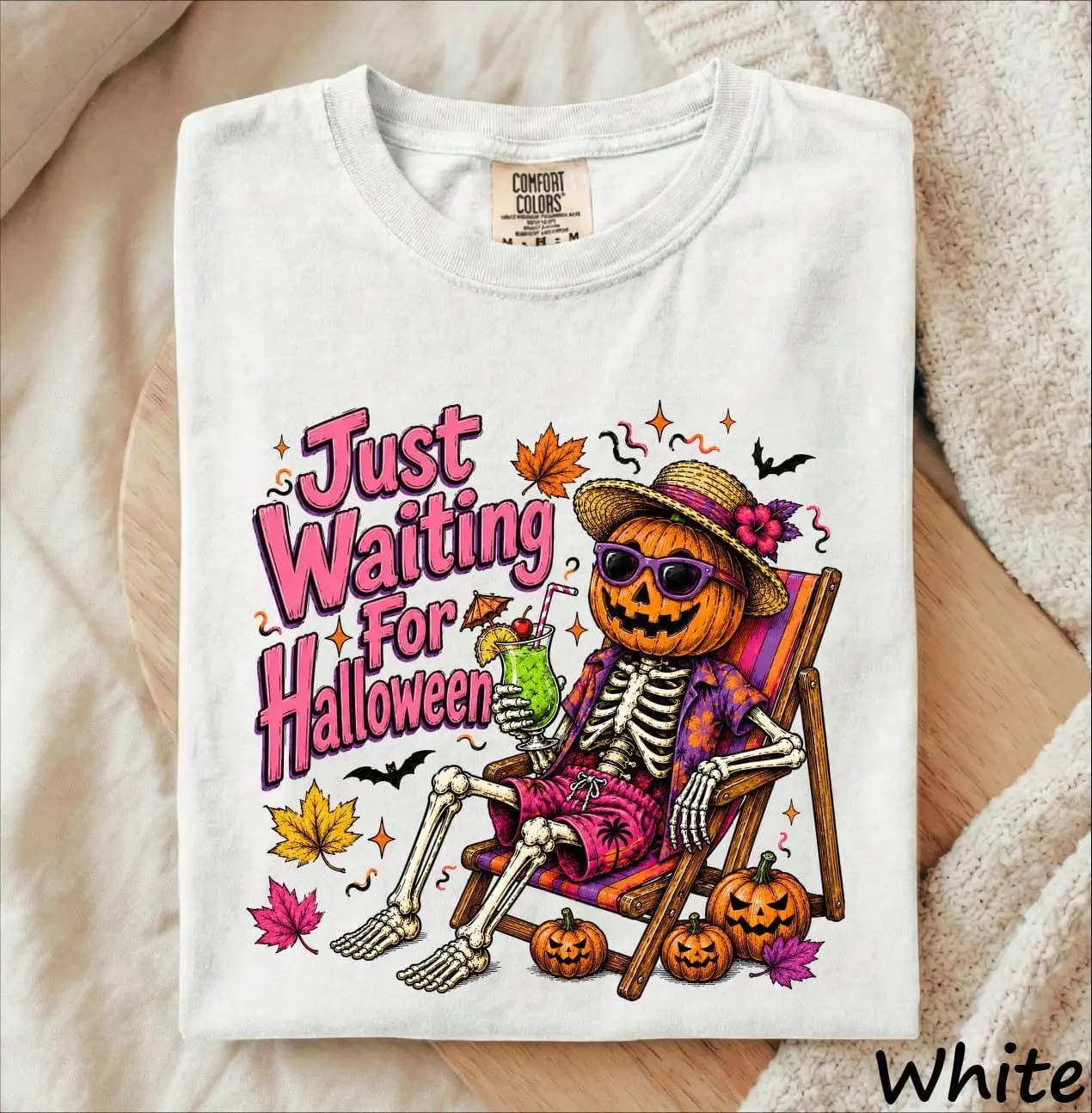 Just Waiting for Halloween Skeleton T-Shirt, Pool Float Pumpkin Spooky Summer Beach Tee - photo 4