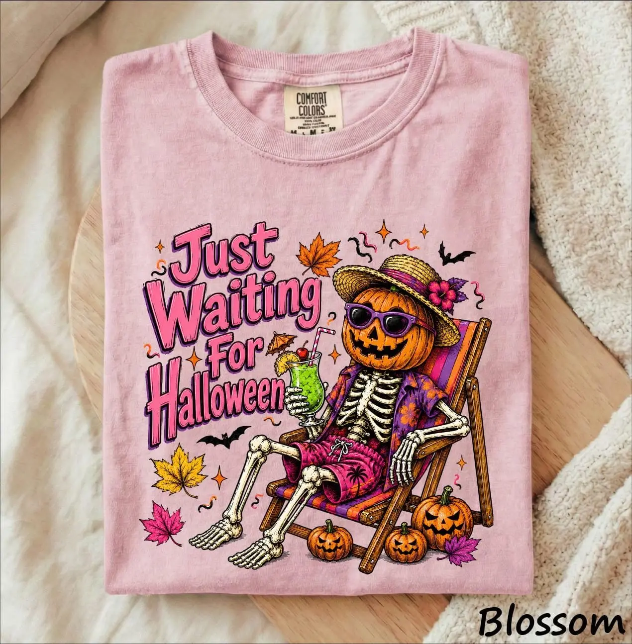 Just Waiting for Halloween Skeleton T-Shirt, Pool Float Pumpkin Spooky Summer Beach Tee - photo 5