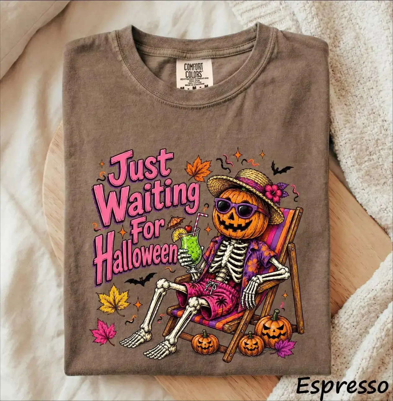 Just Waiting for Halloween T-Shirt, Skeleton Pool Float Pumpkin Spooky Summer Beach Tee for Women - photo 2