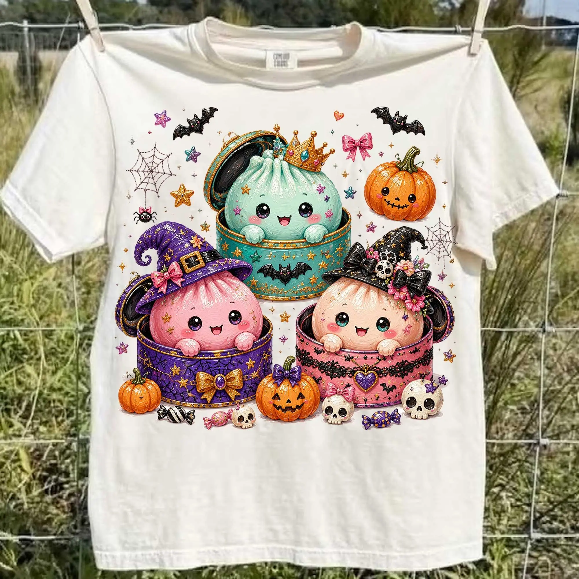 Comfort Colors Kawaii Cute Halloween Dumpling T-Shirt, Glitter Spooky Pumpkin Graphic Tee