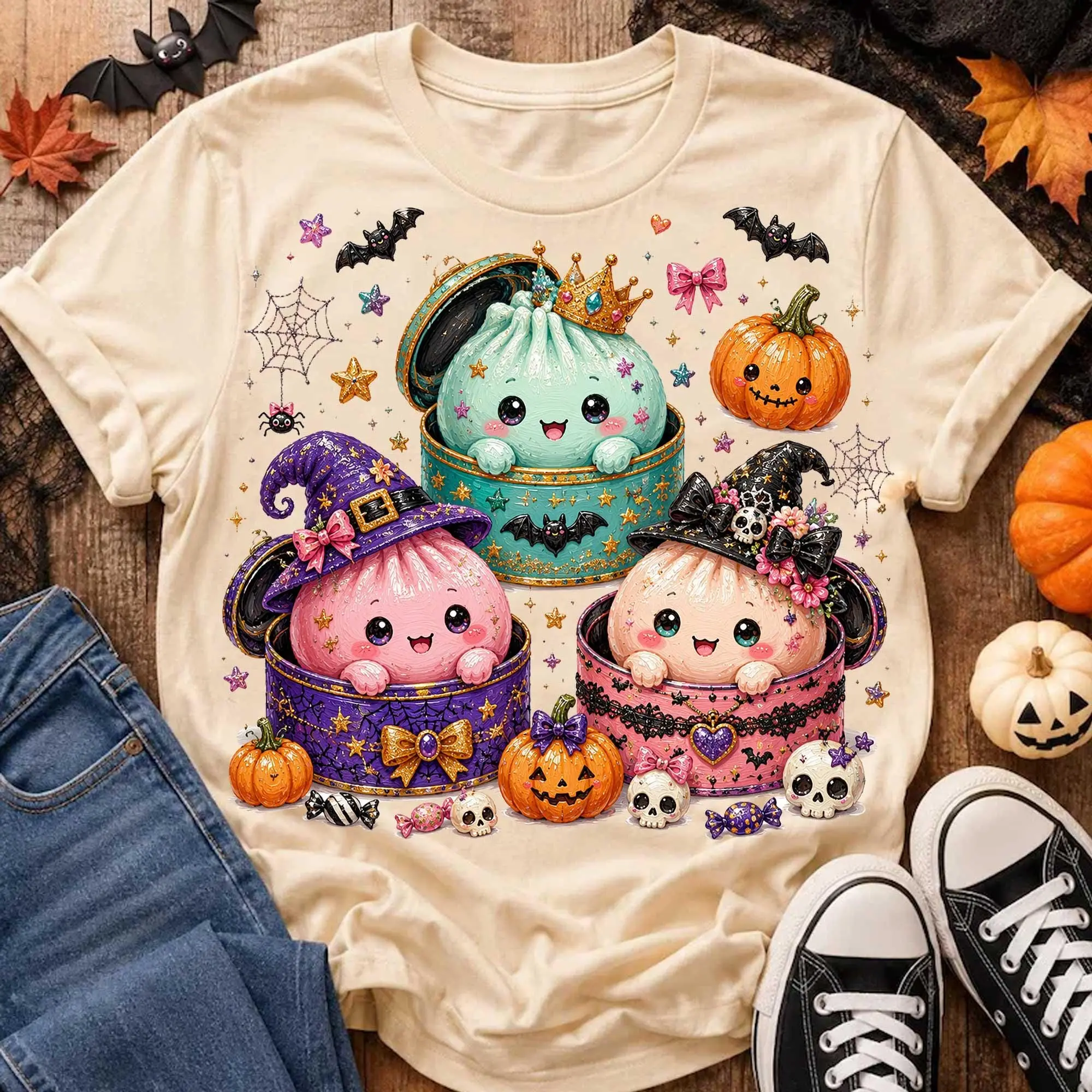 Comfort Colors Kawaii Cute Halloween Dumpling T-Shirt, Glitter Spooky Pumpkin Graphic Tee - photo 2