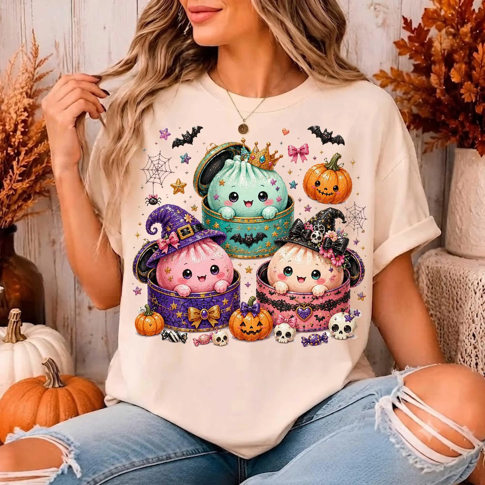 Comfort Colors Kawaii Cute Halloween Dumpling T-Shirt, Glitter Spooky Pumpkin Graphic Tee - photo 3