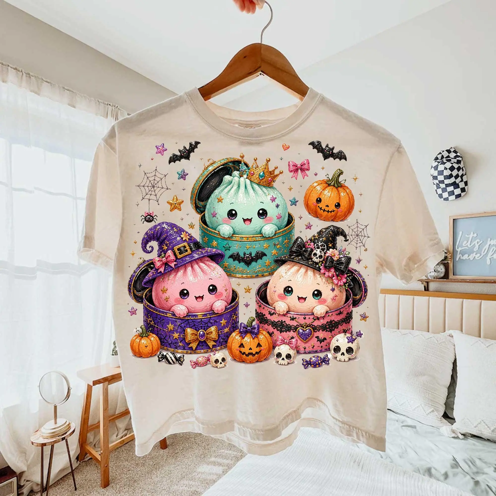 Comfort Colors Kawaii Cute Halloween Dumpling T-Shirt, Glitter Spooky Pumpkin Graphic Tee - photo 4