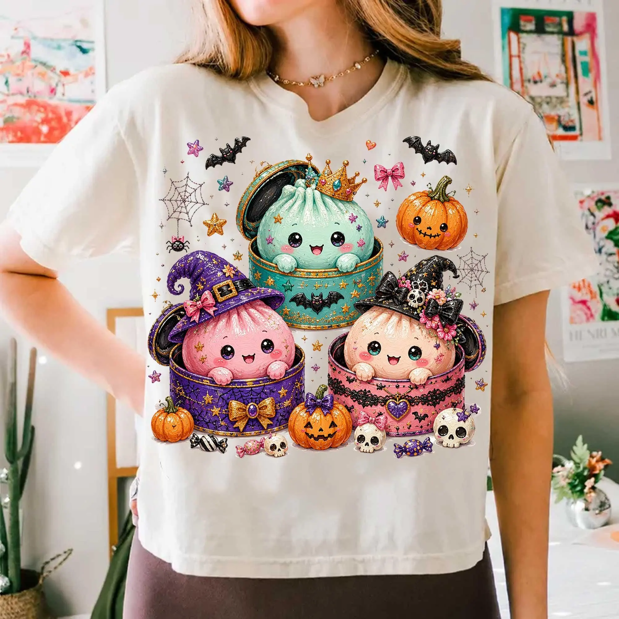 Comfort Colors Kawaii Cute Halloween Dumpling T-Shirt, Glitter Spooky Pumpkin Graphic Tee - photo 5