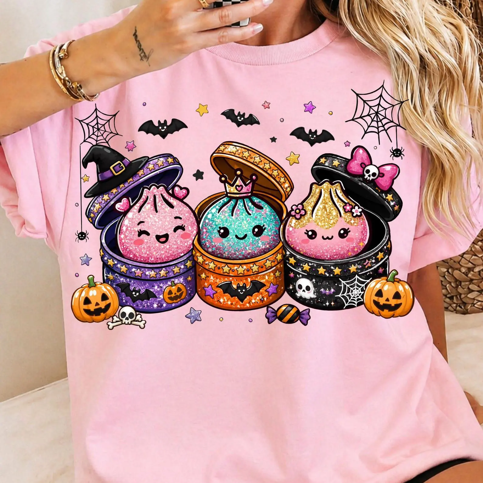 Kawaii Halloween Dumpling Hoodie, Glitter Spooky Season Graphic Pullover - photo 3