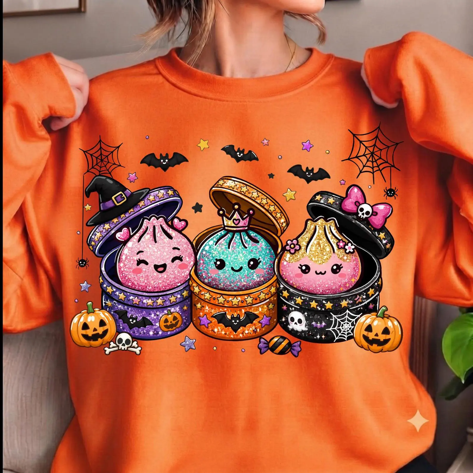 Kawaii Halloween Dumpling Hoodie, Glitter Spooky Season Graphic Pullover - photo 4