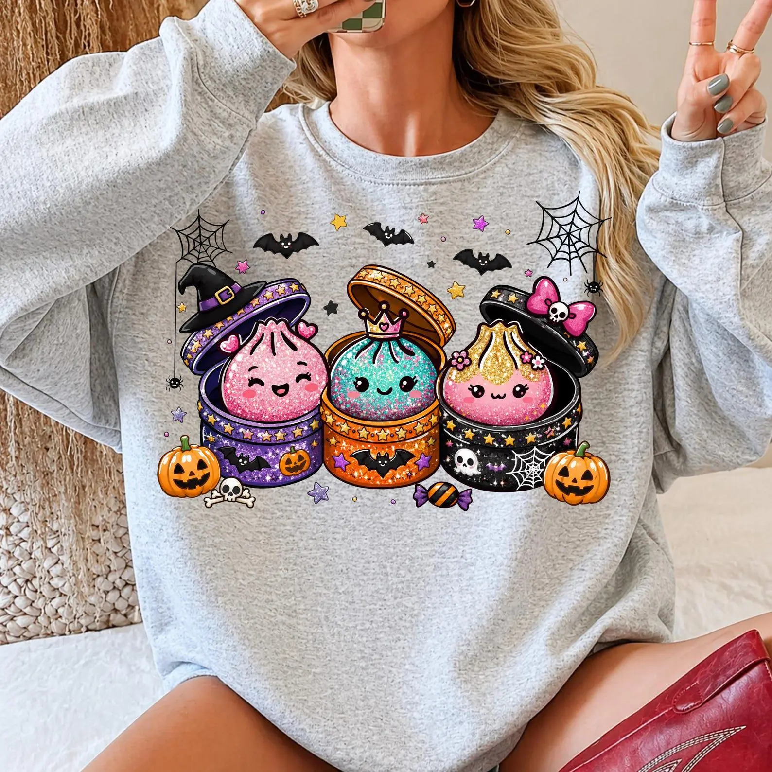 Kawaii Halloween Dumpling Shirt, Glitter Spooky Season Graphic Tee - photo 2