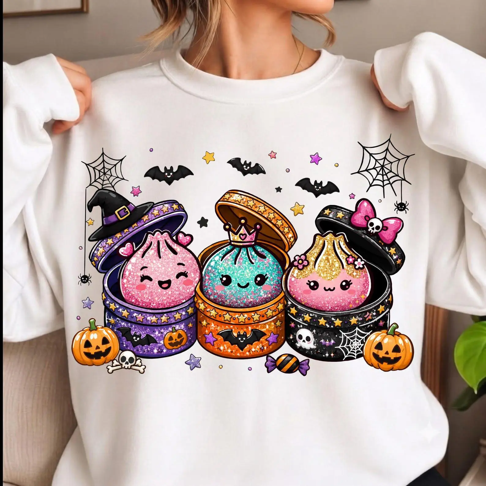 Kawaii Halloween Dumpling Sweatshirt, Glitter Spooky Season Graphic Crewneck