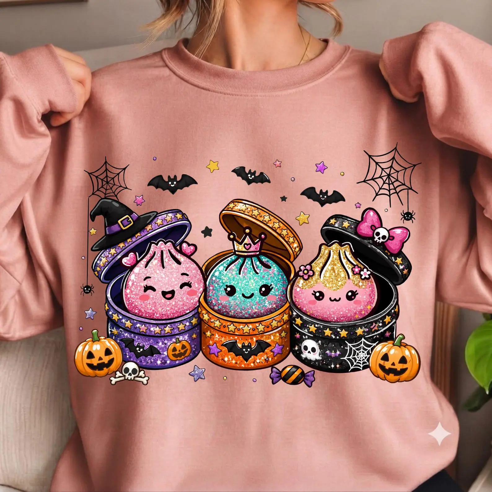 Kawaii Halloween Dumpling Sweatshirt, Glitter Spooky Season Graphic Crewneck - photo 5