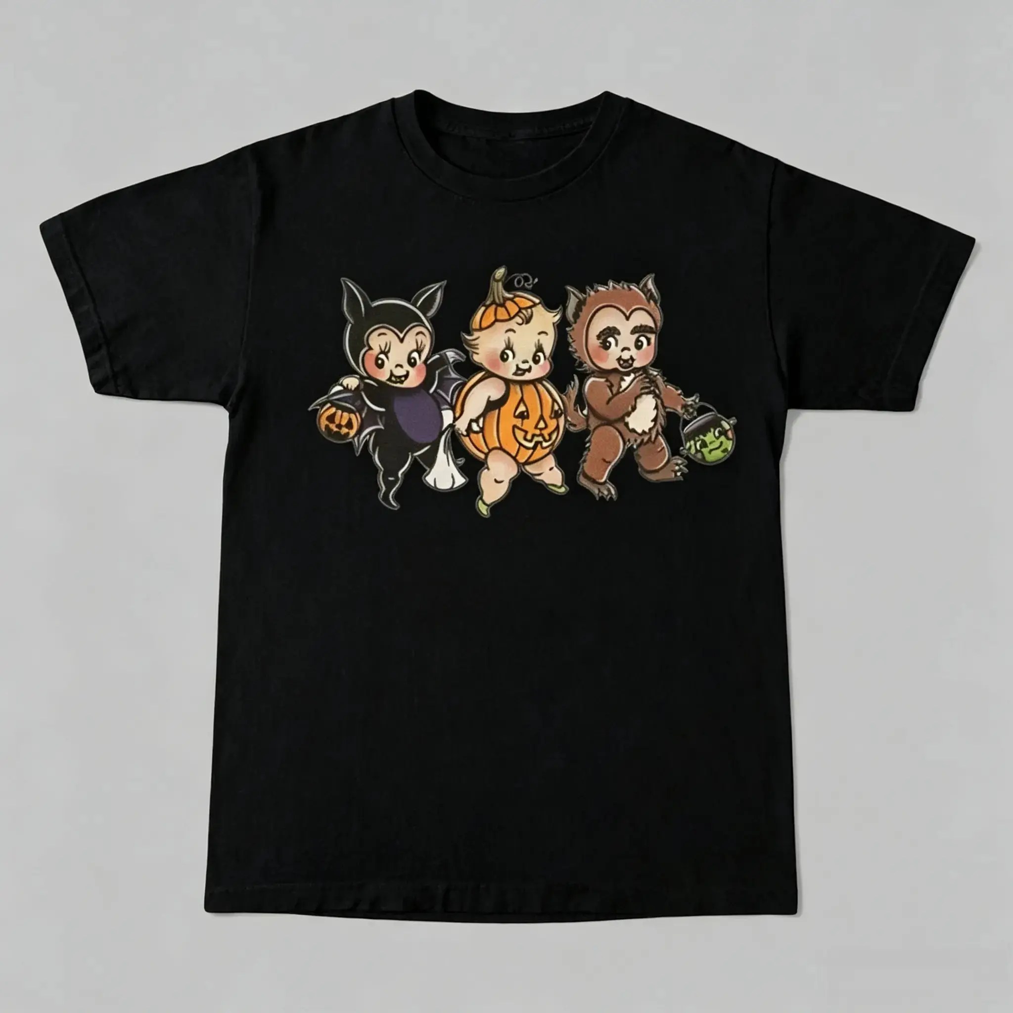Kewpie Halloween T-Shirt, Retro Vintage Pumpkin Bat Trick or Treating Tee, Funny Cringe Meme Gift for Women Men